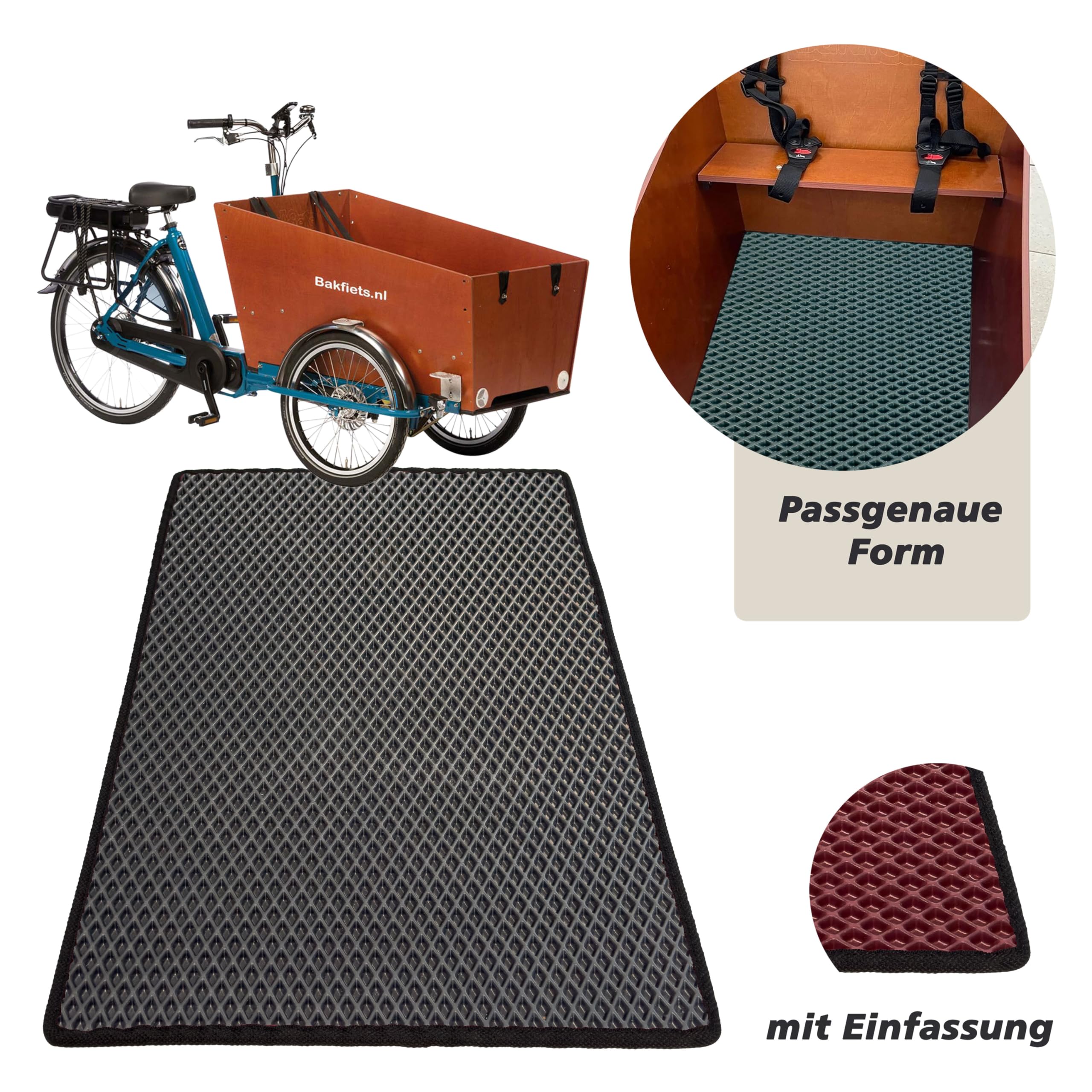 Premium Schutzmatte für Bakfiets Wide | Passgenaue Lastenrad Fußmatte | Rutschfester Bodenmatte Teppich | Lastenrad Zubehör | Pflegeleicht & Umweltfreundlich | mit Einfassung | Schwarz