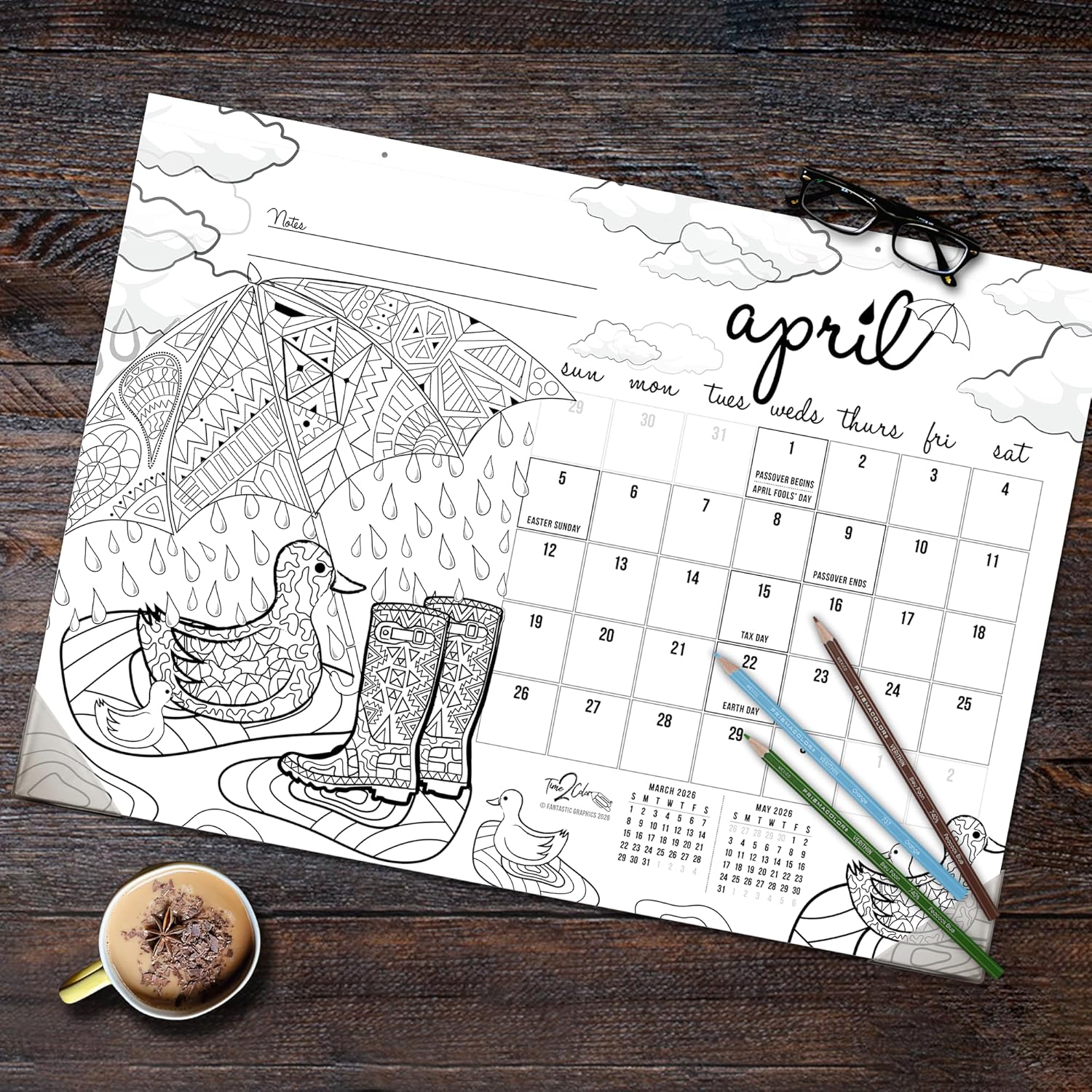 Time2Color 2026 Office Edition Desk Blotter/Wall Coloring Calendar (22" x 16"): Seasons Theme