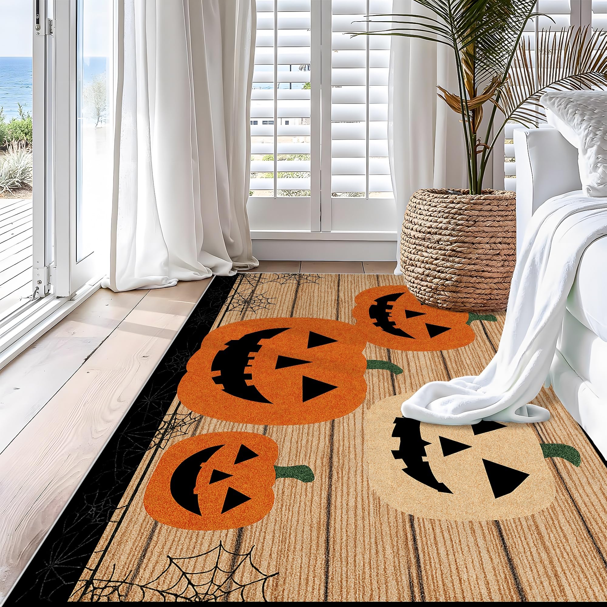 Tappeto a forma di zucca, per Halloween, in legno, motivo ragnatela di ragnatela di Halloween, arancione, con retro antiscivolo, rettangolare, per soggiorno, camera da letto, decorazione per la casa