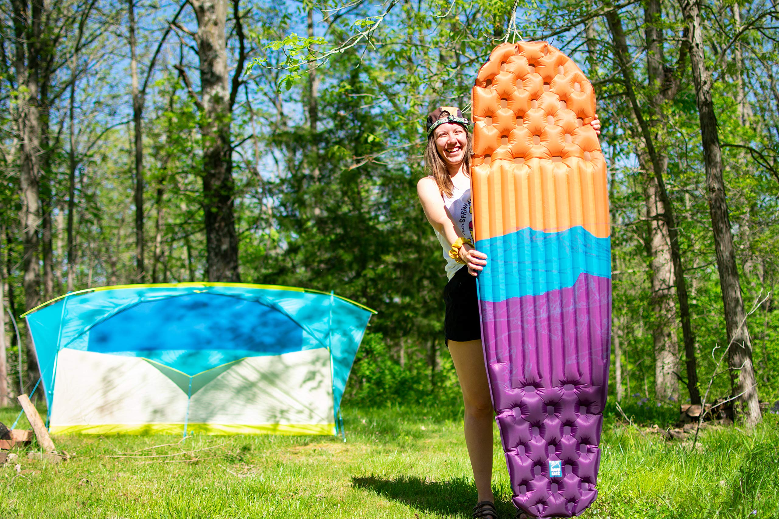 ust freestyle lightweight sleeping air mat with ultra light design, pump sack and carry case for backpacking, bikepacking, yakpacking, camping and hiking - short conifer