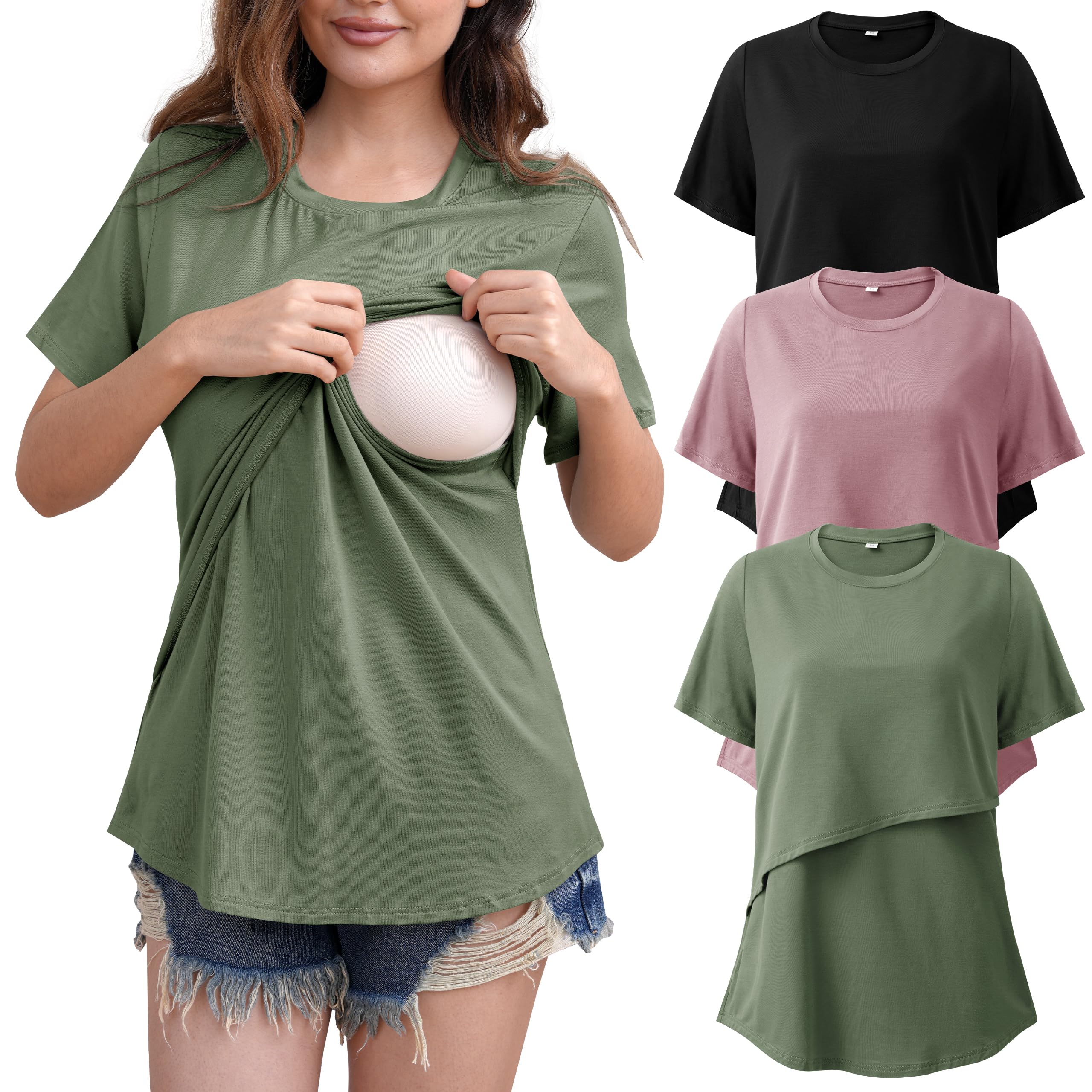 SUNNYBUY Confezione da 3 magliette da donna premaman a maniche corte, senza macchie di latte, top per gravidanza e allattamento