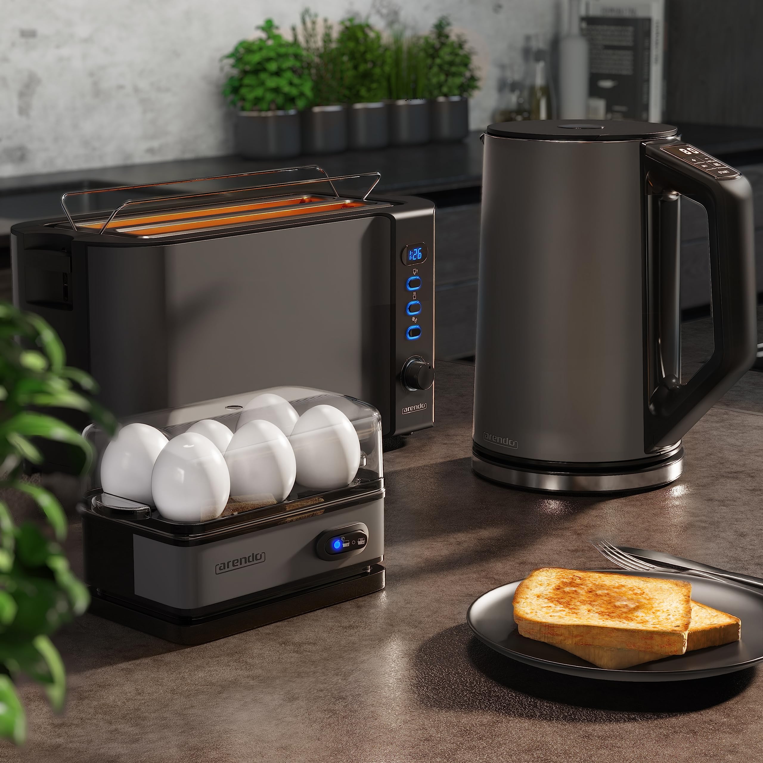 Arendo Wasserkocher Toaster Eierkocher Set Edelstahl 1,5L 4 Scheiben LED-Display 6 Bräunungsgrade 1-6 Eier
