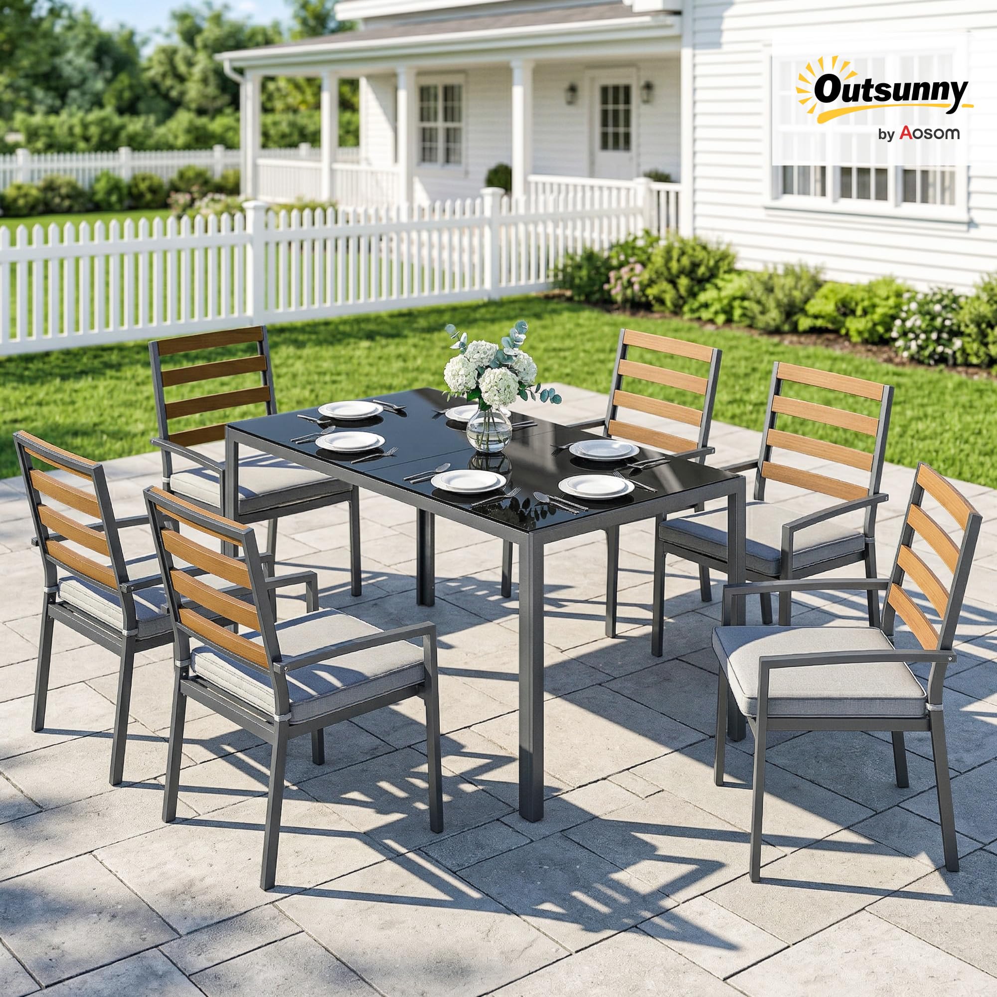 Outsunny Set Tavolo e Sedie da Giardino 7 Pezzi, Set Pranzo Esterno con Tavolo da Giardino Rettangolare in Vetro Temperato, 6 Sedie, Cuscini, Struttura Acciaio Zincato per Terrazza Balcone, Nero
