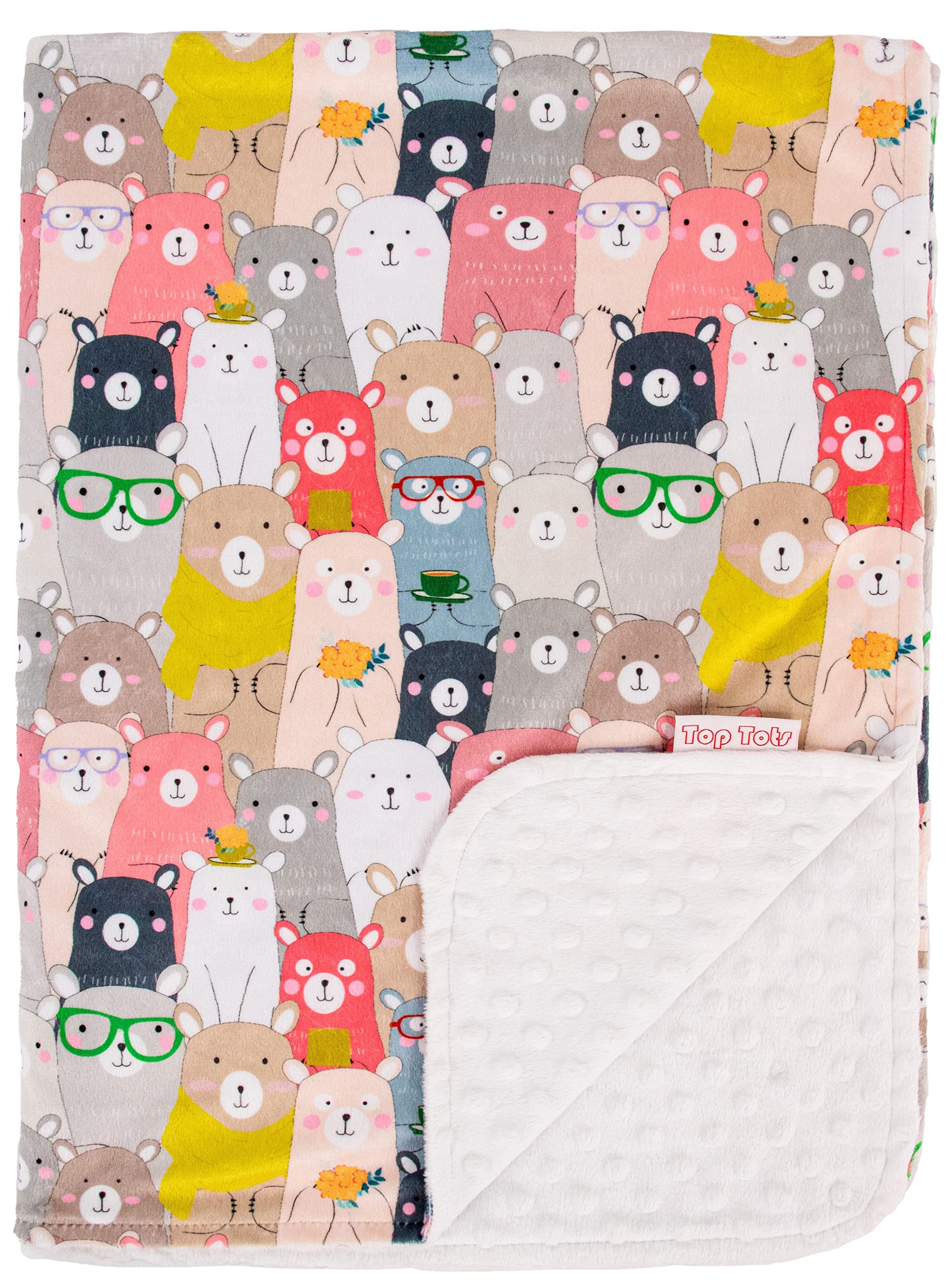 Top Tots Deluxe Minky Baby Blanket - Bear Crowd, 40 x 29 Inch White