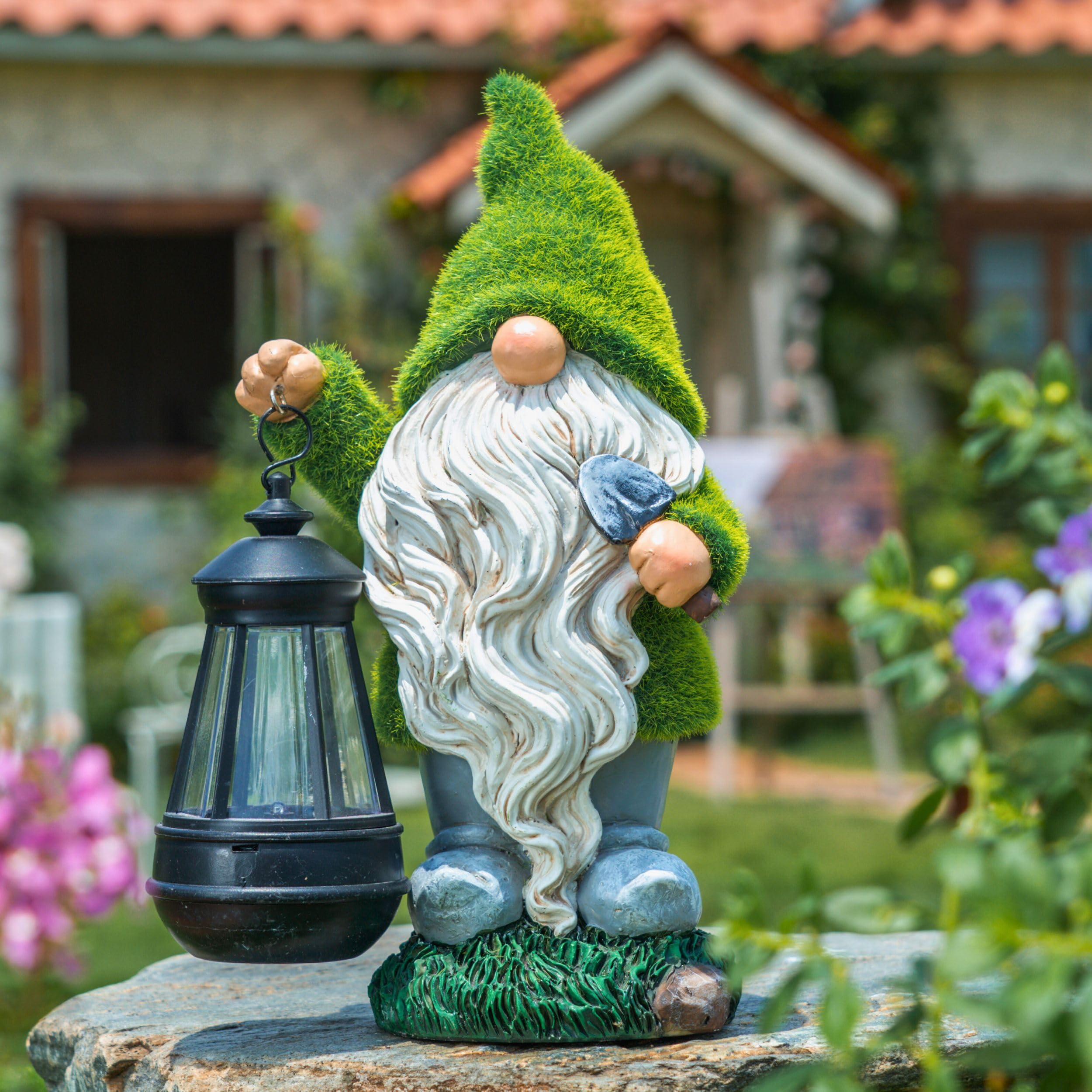 TERESA'S COLLECTIONS Garden Ornaments Outdoor, Lovely Green Gonks with Solar Lantern, Waterproof Resin Gonks Ornaments - Image 2