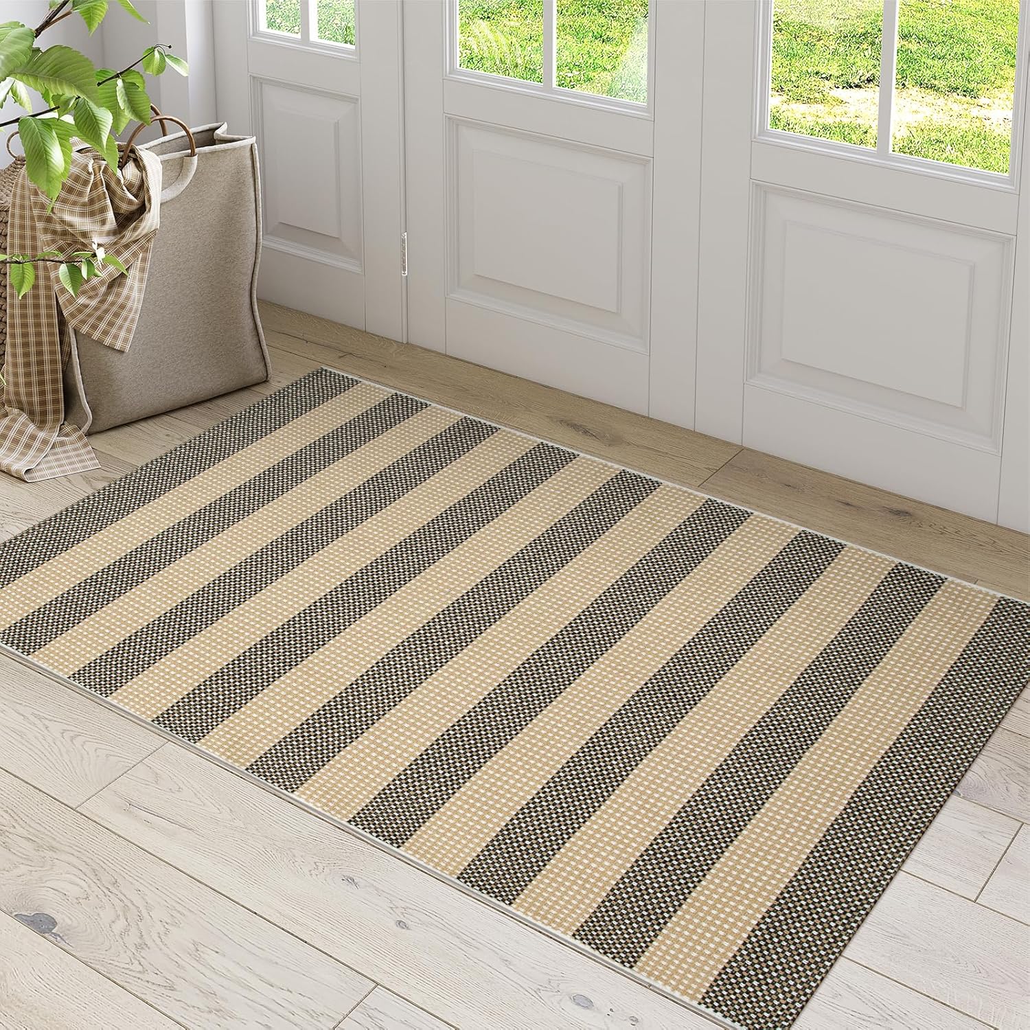 OJIA Tan Washable Outdoor Rug 3'x5', Front Door Mat Outside Entrance Cotton Woven Indoor Outdoor Rugs Striped Entryway Rugs Small Outdoor Rug Door Mats for Porch Patio Kitchen Entry