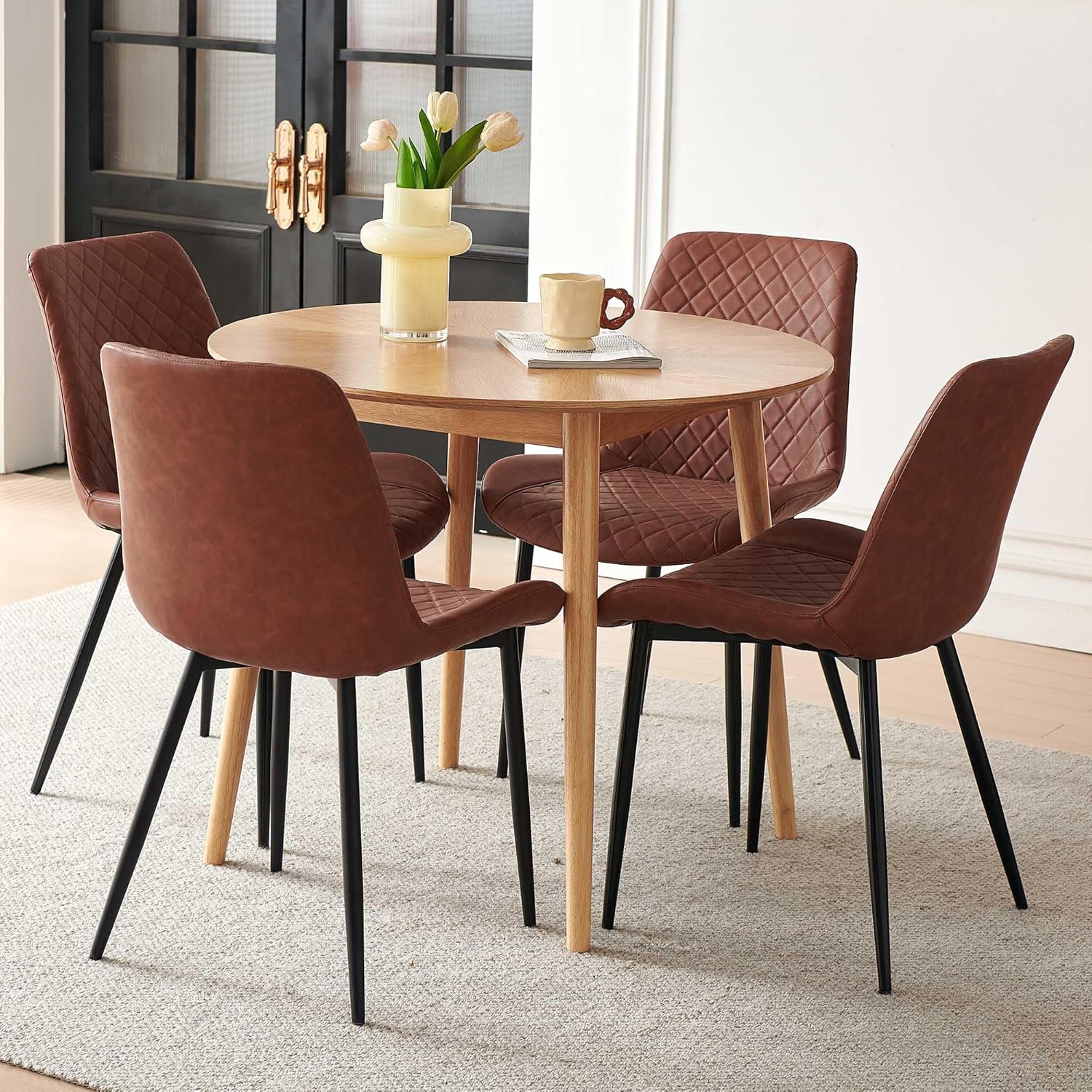 Modern Dining Room Chairs Set of 4, Mid Century Leather Kitchen Dining Accent Chairs Upholstered Soft Restaurant Receptions Chairs Curved Backrest with Metal Legs, Brown