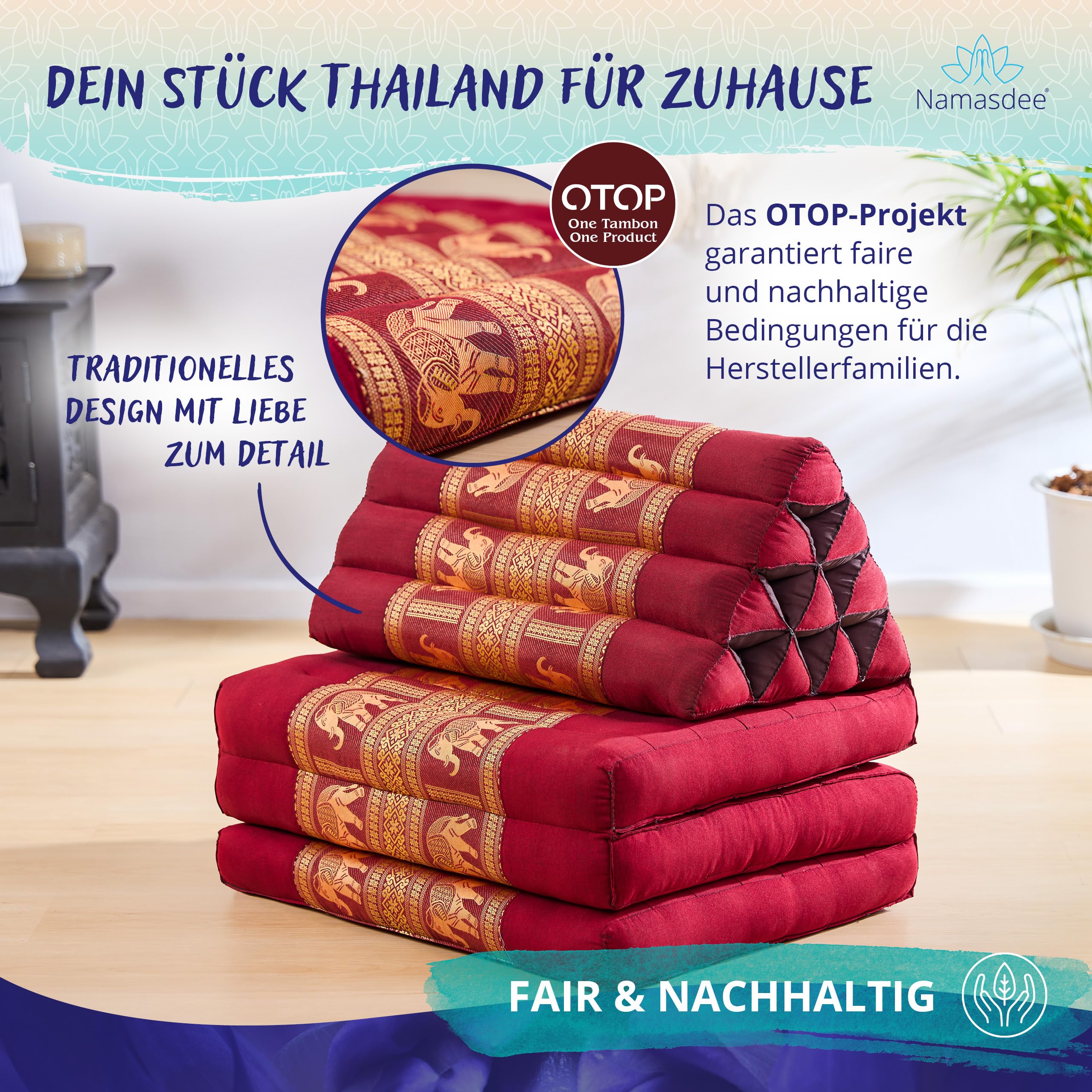 Thaikissen 3 Auflagen 175x55x8cm mit 100% natürlicher Kapokfüllung (Rot/Elefanten Seide)