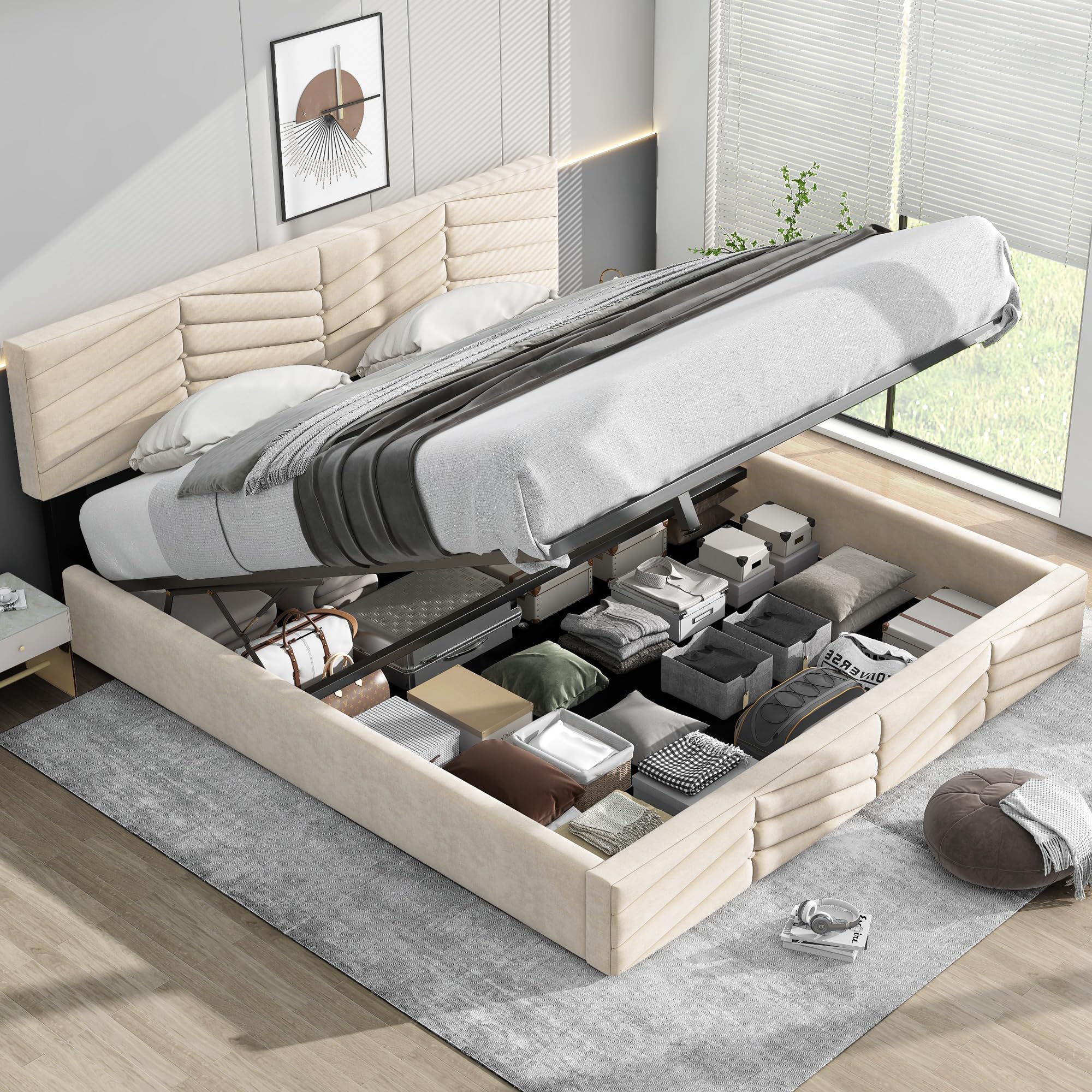 Letto Imbottito 180x200 cm, Letto Matrimoniale con Contenitore, Modern Struttura del Letti Idraulico con Testiera Regolabile In Altezza e Rete a Doghe In Legno, Velluto, Beige, Senza Materasso