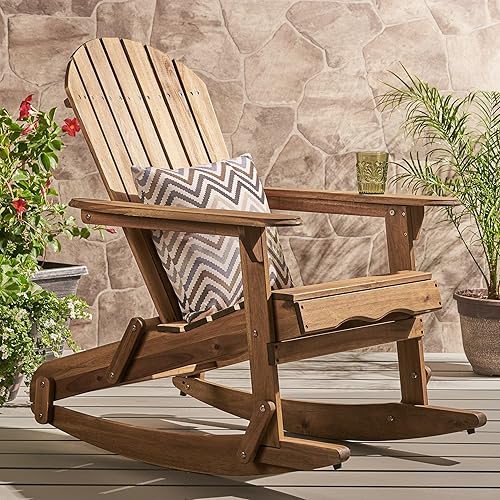 Christopher Knight Home Vayne - Silla de madera de acacia para exteriores, mecedora Adirondack de listones Adirondack, asiento adicional para
