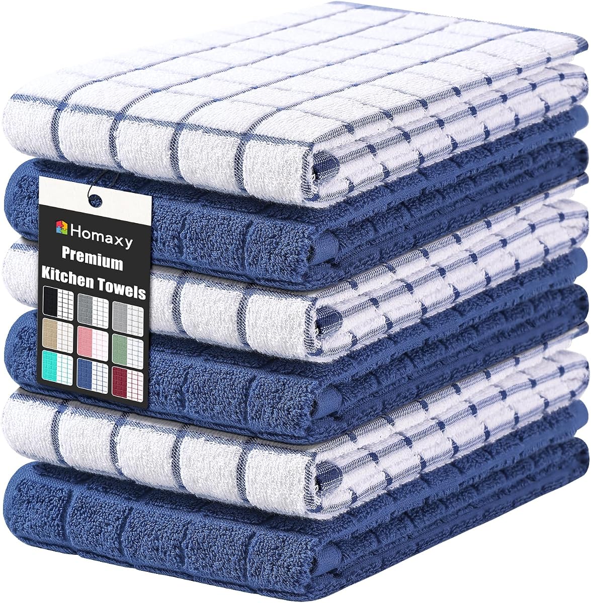 Paños de cocina grandes de algodón premium Homaxy, 16.0 x 28.0 in, paquete de 6, azul marino | Toallas de plato naturales hiladas en anillo de 390 GSM, toallas de mano de cocina de rizo súper absorbentes, paños de cocina suaves con lazo para colgar