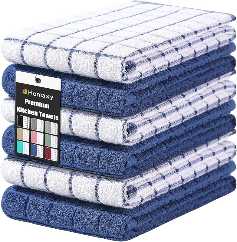 Paños de cocina grandes de algodón premium Homaxy, 16.0 x 28.0 in, paquete de 6, azul marino | Toallas de plato naturales hiladas en anillo de 390 GSM, toallas de mano de cocina de rizo súper absorbentes, paños de cocina suaves con lazo para colgar