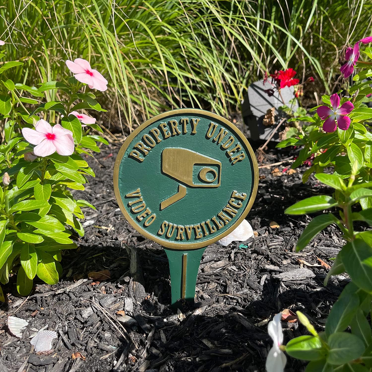 SmartSign “Property Under Video Surveillance” Yard Sign for Lawn/Garden, 9.5 x 5.25 inch, 375 mil Thick Rustproof Cast Aluminum Plaque, Green and Gold