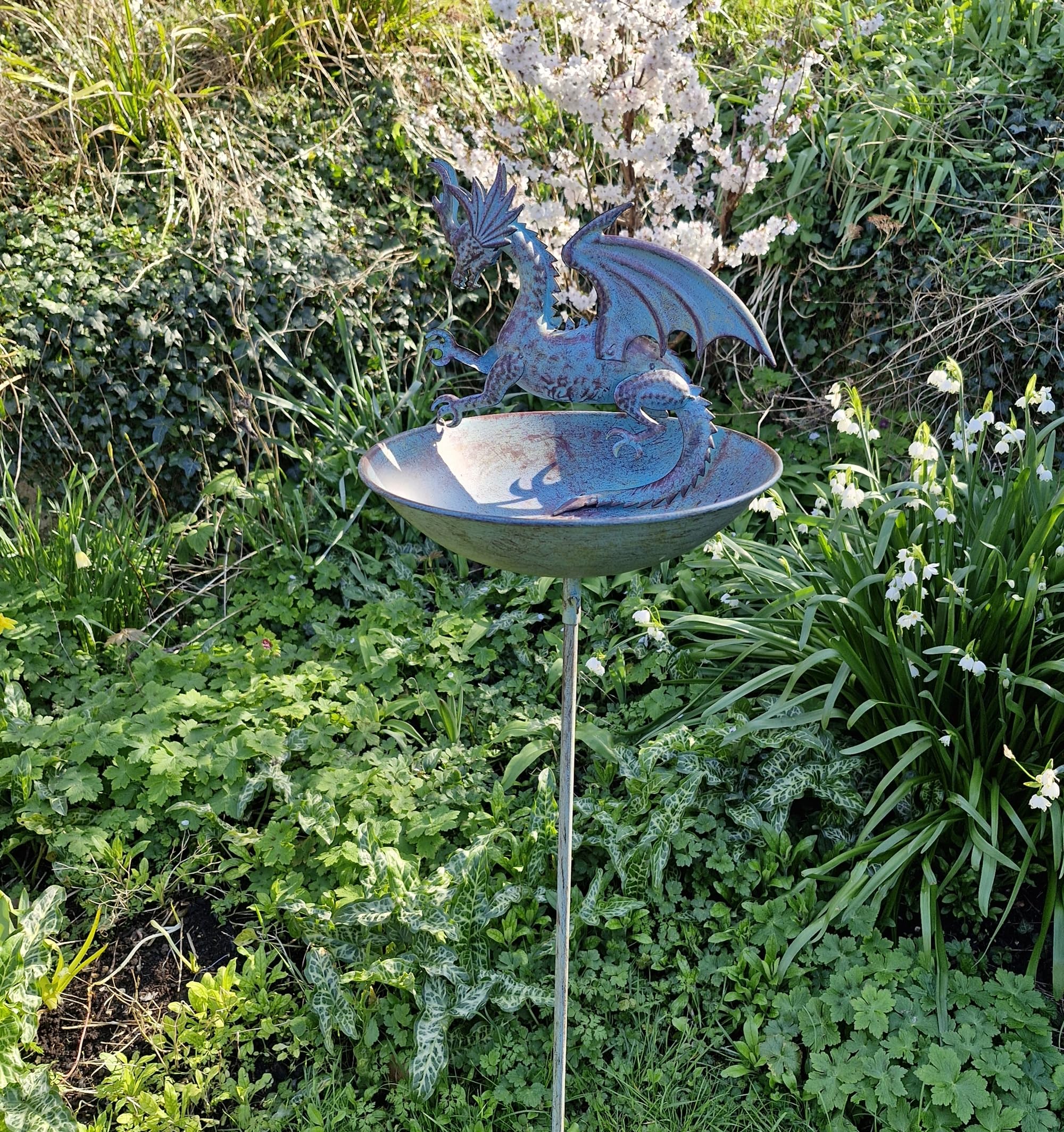 Dragon Bird Bath on a Stake - Verdigris Metal (135cm tall)