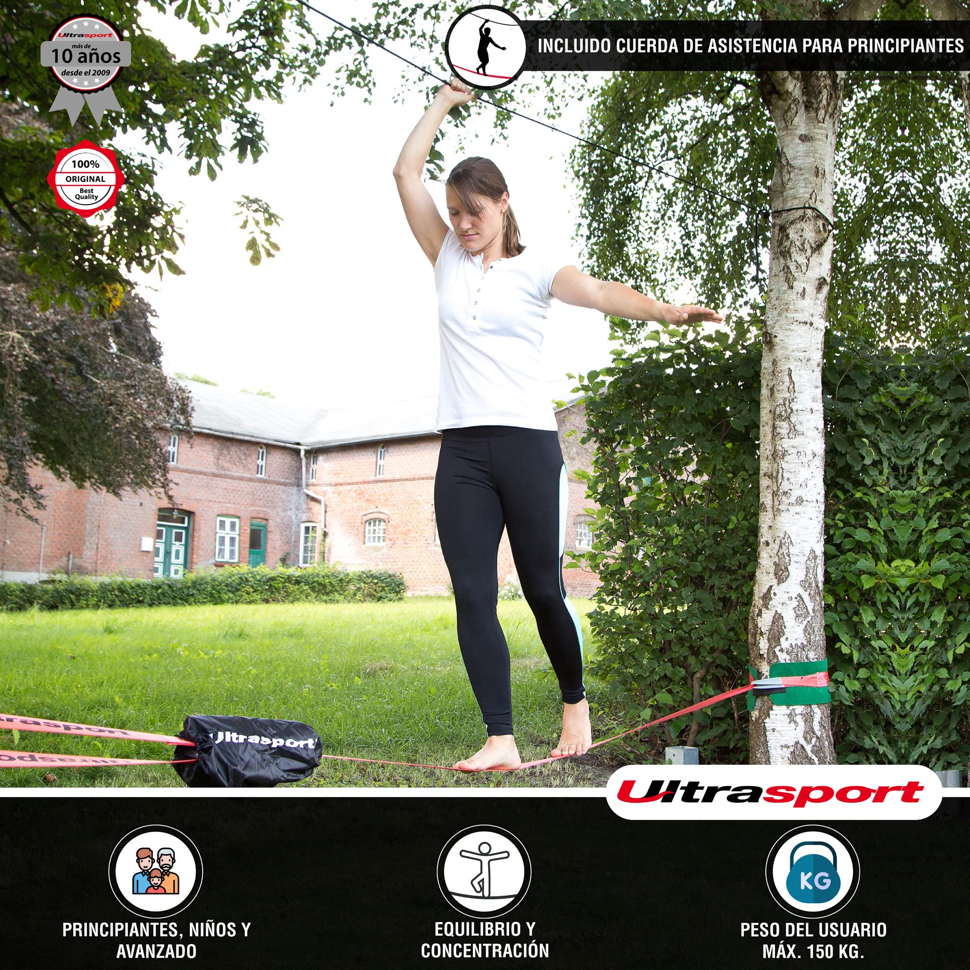 Ultrasport Slackline 15m-25m, con trinquete y Bolsa de Transporte, Juego Completo de Slackline, Disponible con y sin protección de árbol, Fitness Slackline, Certificado TÜV GS, niños y Adultos