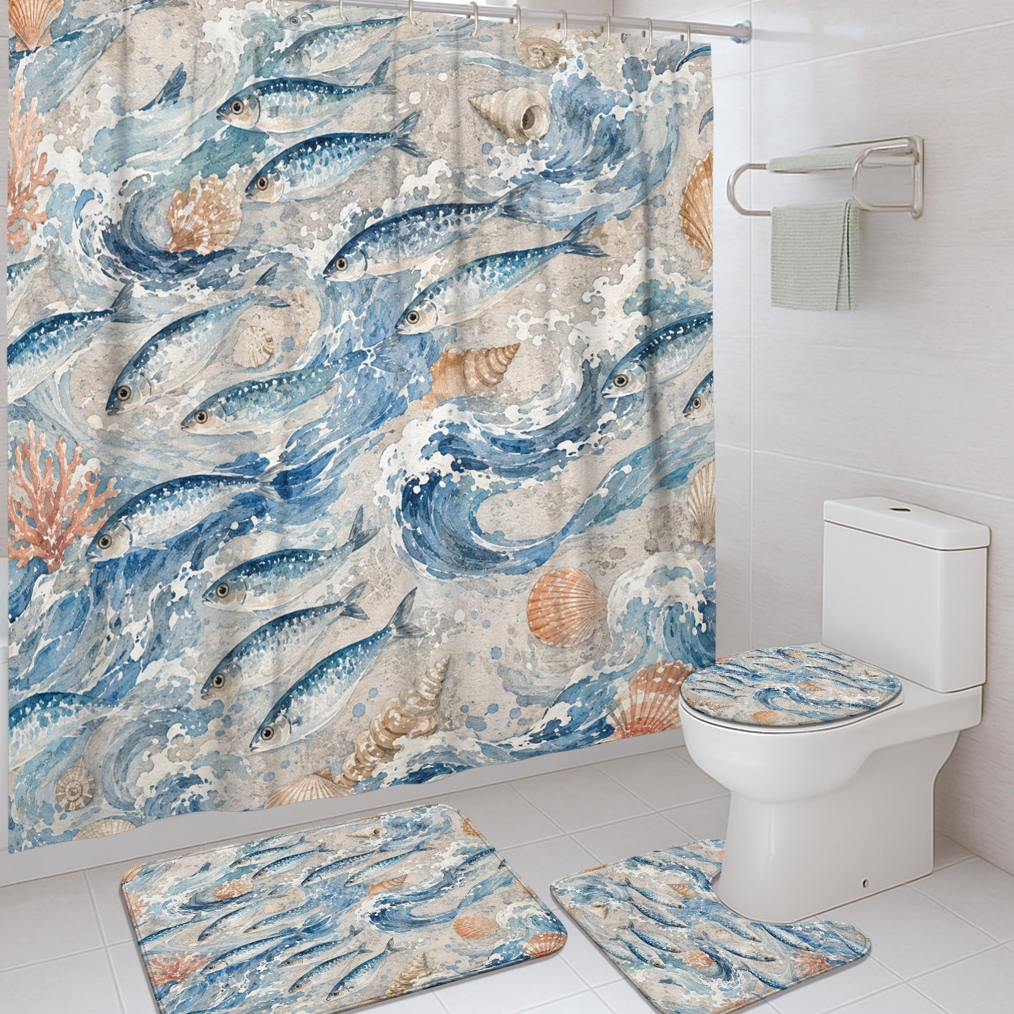 Rideau de douche et tapis poissons bleu marine vagues 183x183cm
