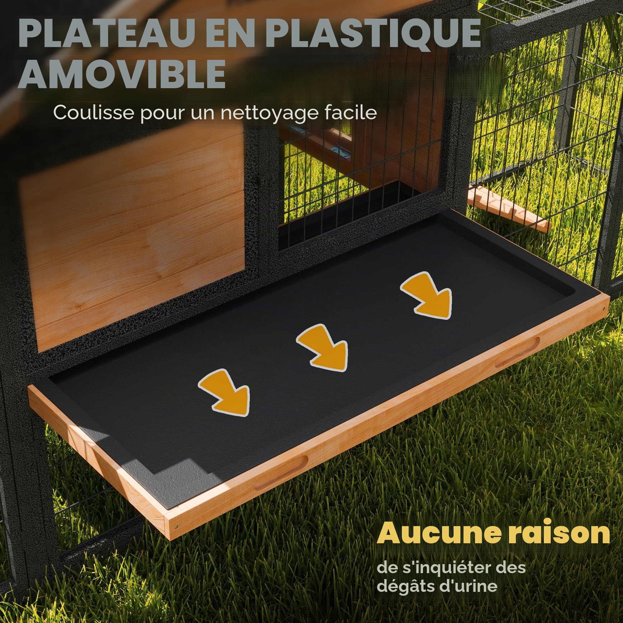 PawHut Clapier pour lapins 2 niveaux avec toit à deux pentes Clapier en bois massif résistant à l'hiver Maison à deux niveaux avec enclos 217x53x86 cm Cage à lapins extérieure Clapier pour petits