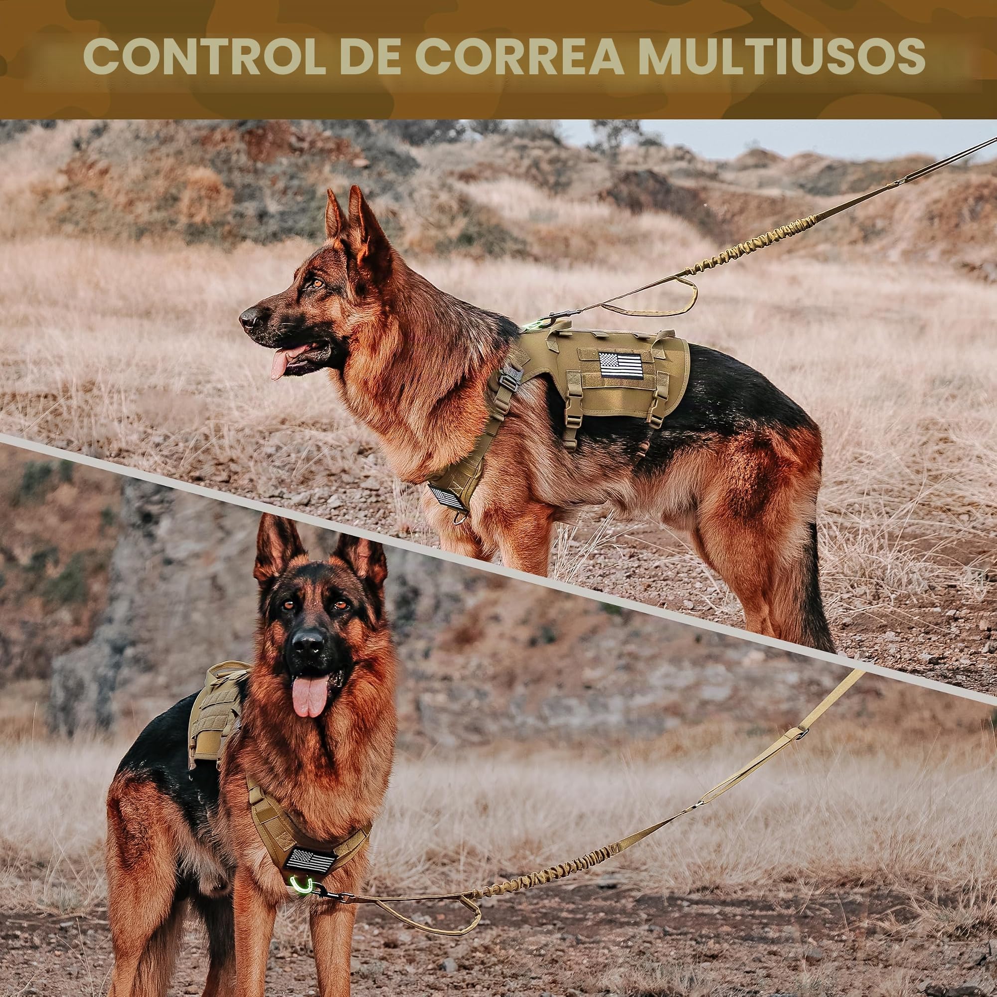 Forestpaw - Arnés táctico para Perros con Correa elástica, arnés Militar antitirones para Entrenamiento de Caminata, Ajustable para Perros medianos y Grandes, Caqui, para Pecho de 54,6 a 114,3 cm