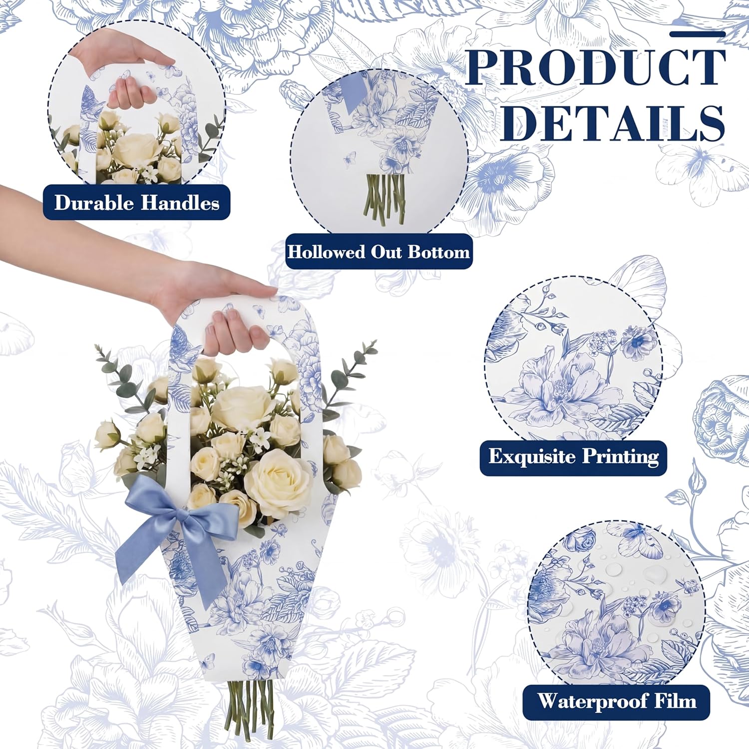 FunooFuno 24 Set Flower Bags for Bouquets Bouquet Holders with Handle Floral Sleeves Kraft Paper Bags Ribbons Gift Cards for Mother's Day Wedding Bridal Baby Shower Florist Bar Supplies(Blue Floral)