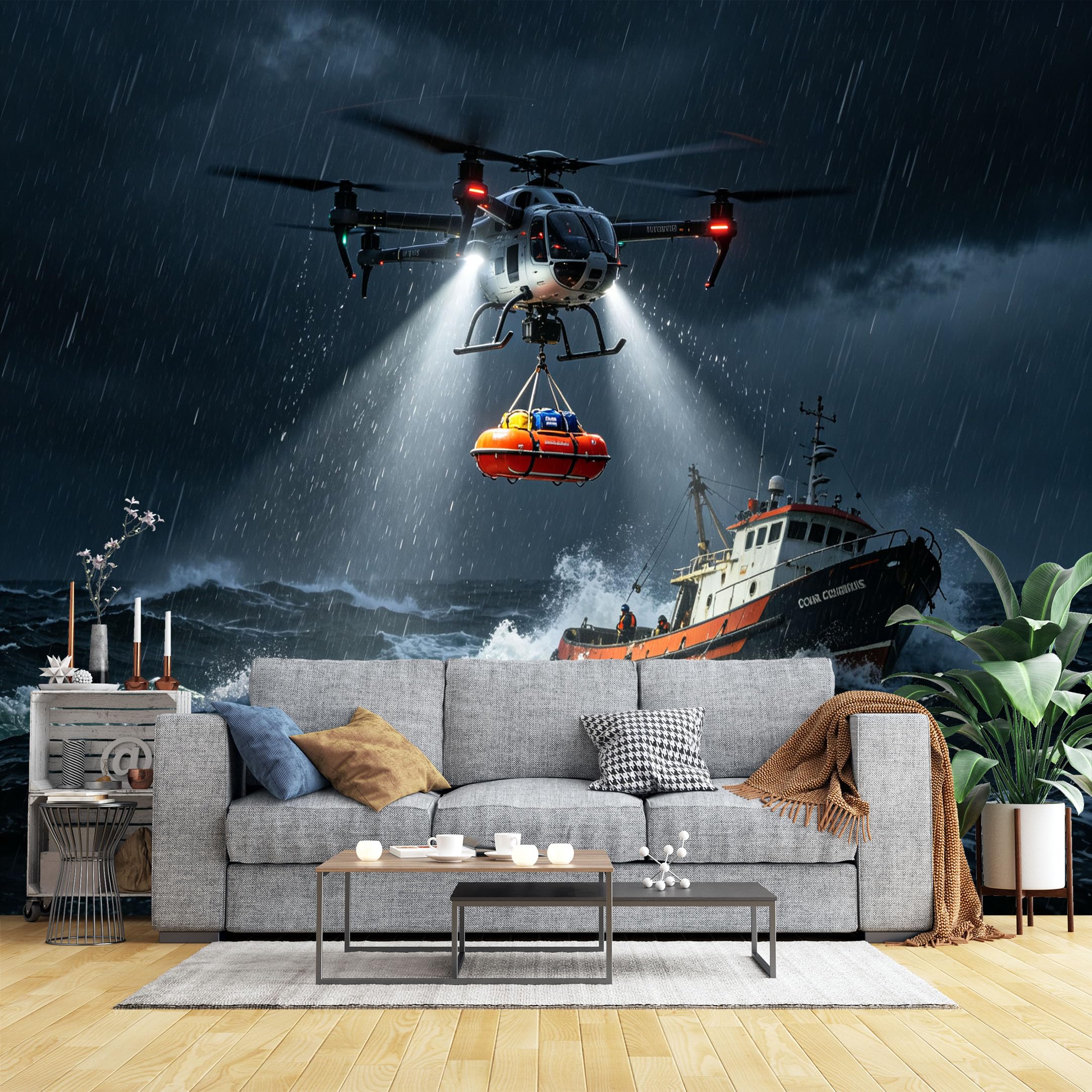 Lcythiazole Ch260604153 Custom Size Wall Murals Storm Rescue Ship Helicopter Wall Murals Ocean Scene Wallpaper Wall Stickers Self-Adhesive Removable Wallpaper For Living Room Bedroom