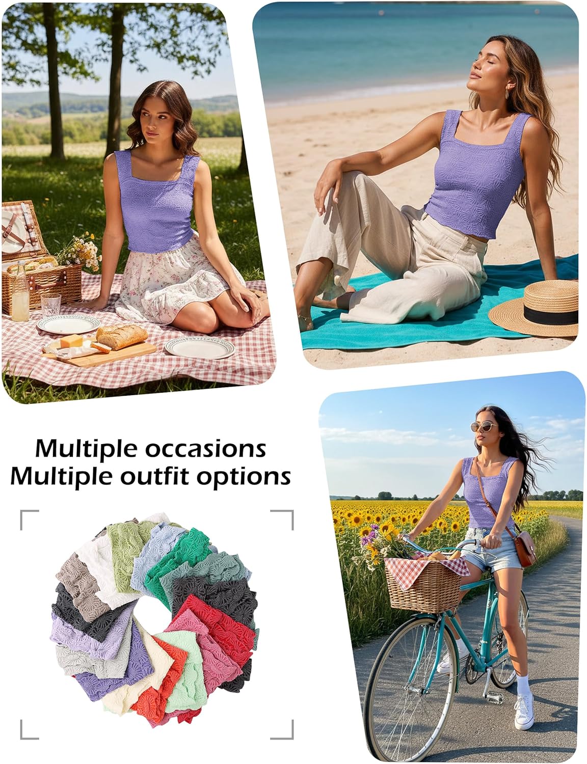 Womens Crop Floral Tank Top Square Neck Wide Straps Cropped Tank Tops Slim Fit Lettuce Trim Boho Summer Tops - Image 5