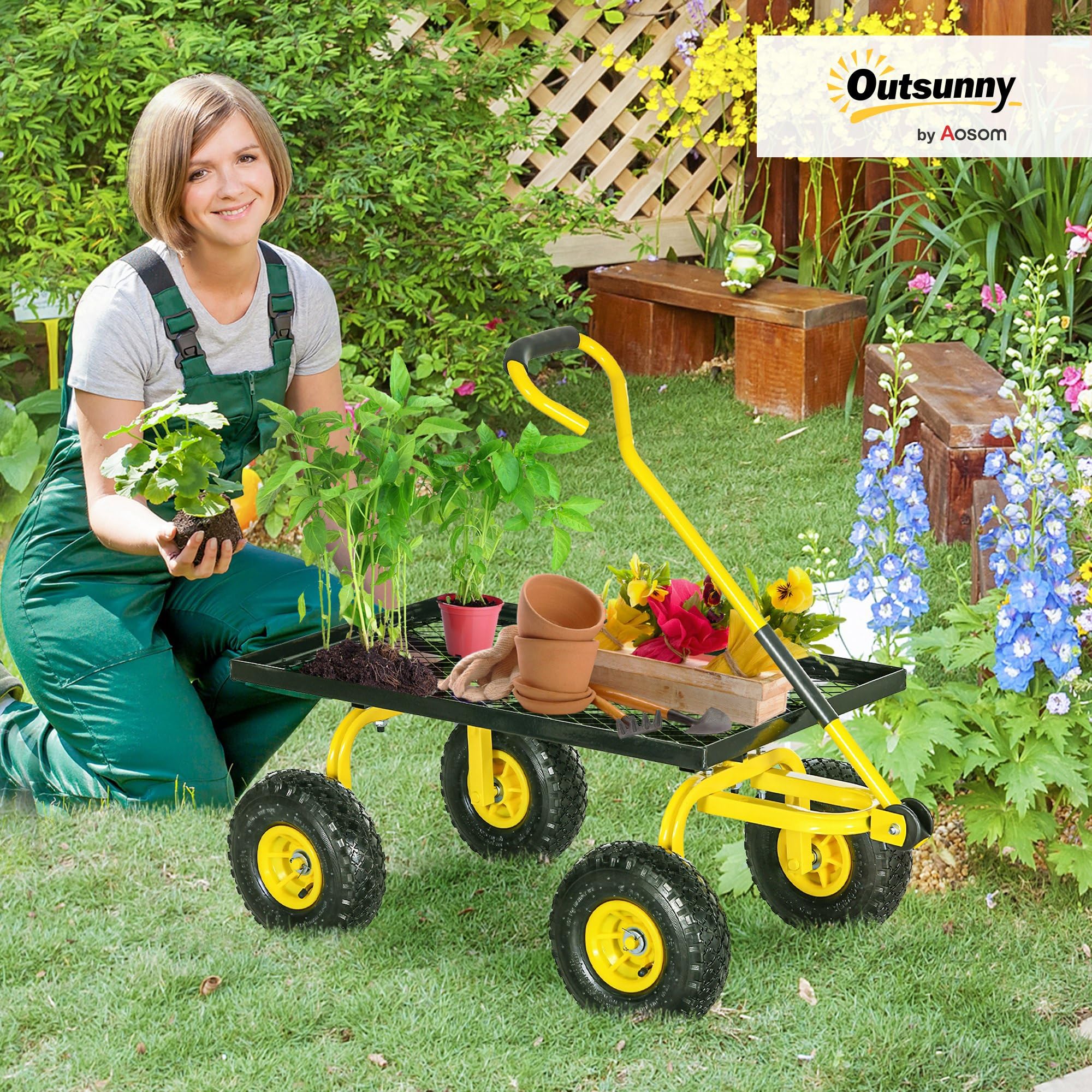 Outsunny Transportwagen für Garten, Handwagen, 4 Räder, 94 x 48,5 x 100 cm, max. Belastung 150 kg, Metall, Gelb