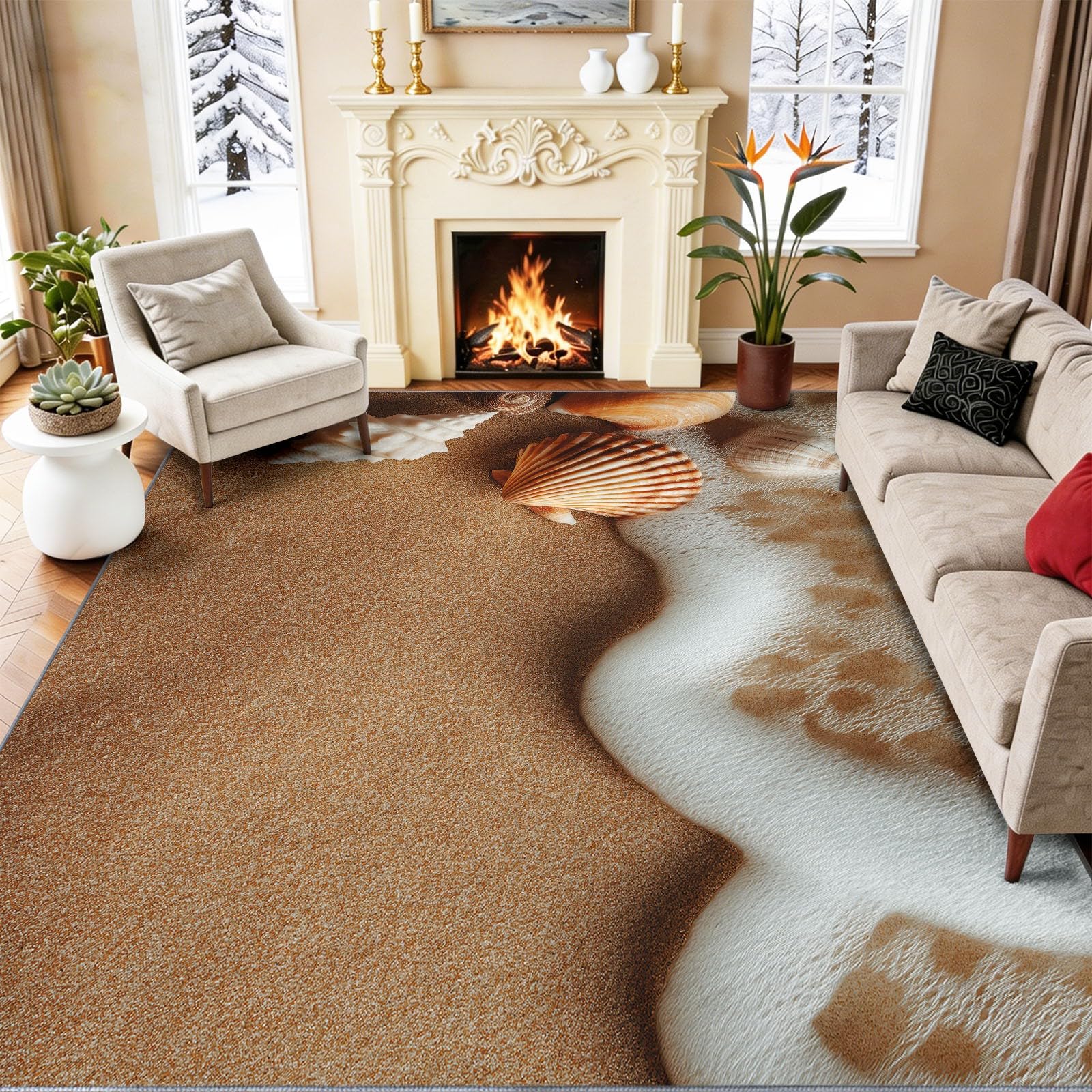 120 x 180 cm Tapis à Poils Courts lavables, Brun Plage Coquillages Vagues Antidérapant Carpet, Effet 3D Océan, pour la Chambre Manger à Coucher de Salon Salle de Bain Couloir