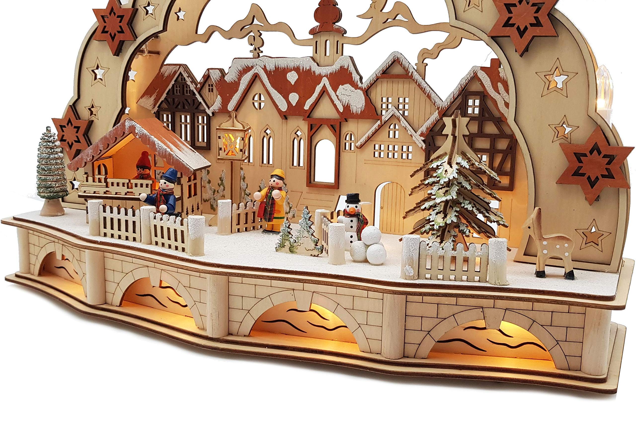 Wichtelstube-Kollektion Holzkunst LED Schwibbogen mit Sockel innenbeleuchtet Weihnachtsmarkt Schwippbogen Lichterbogen Batteriebetrieben mit Timer, Echtholz, 45cm Breite