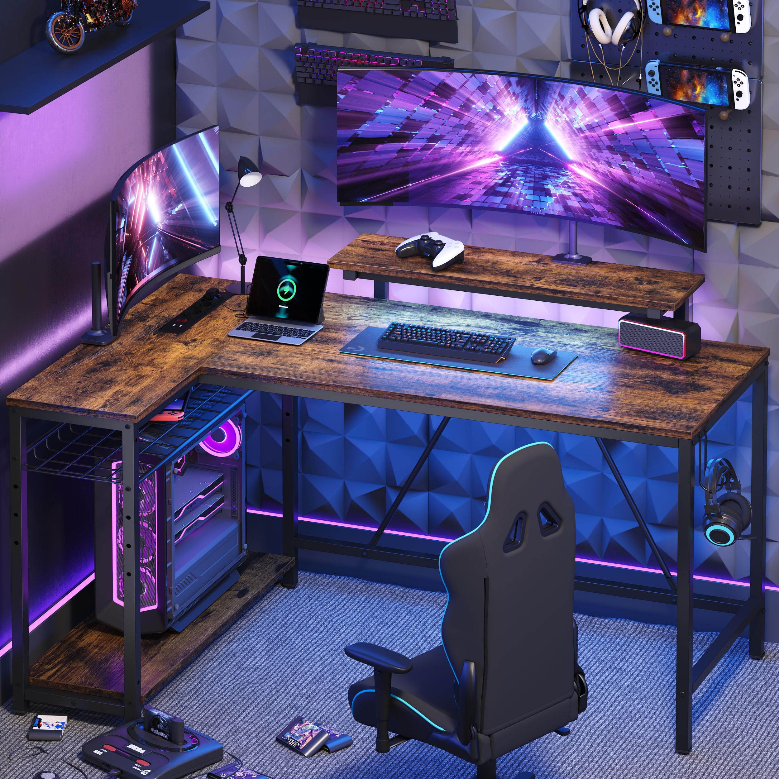 Bestier Scrivania Angolare a Forma di L con LED e Prese – Scrivania Reversibile 132 cm con Ripiani, Ideale per Ufficio, Studio e Gaming