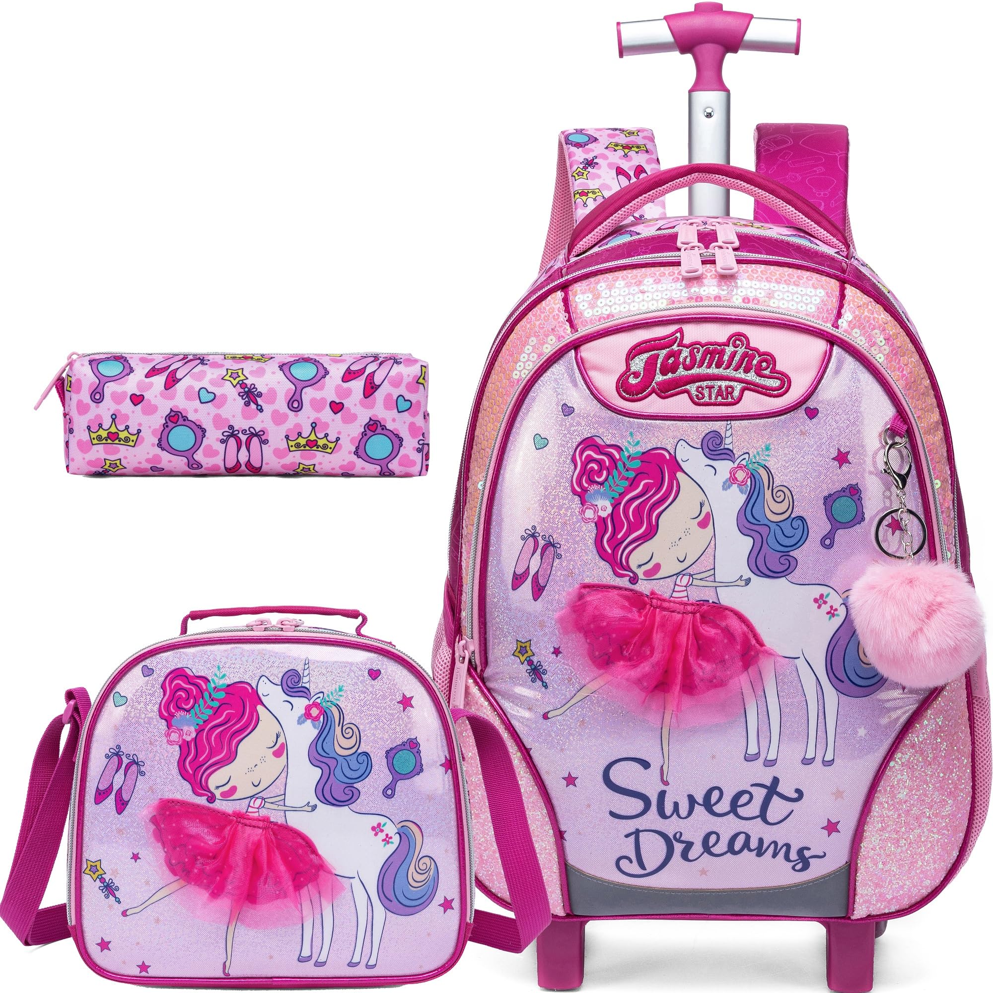 Meetbelify Rolling Backpack for Girls Backpacks with Wheels for Elementary Preschool Students 3 in 1 Carry on Travel Luggage Kids Suitcase with Lunch