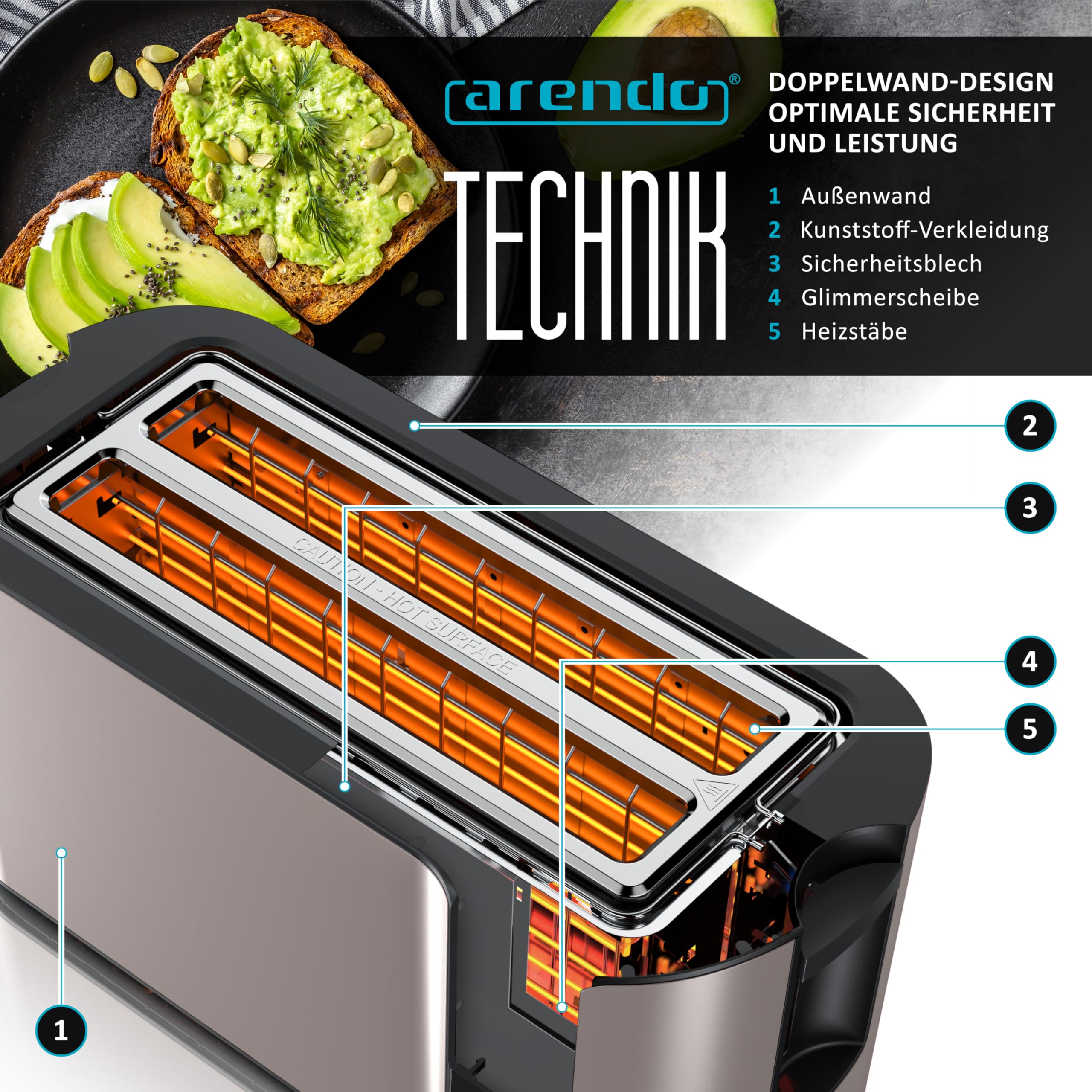 Arendo - Edelstahl Toaster Langschlitz 4 Scheiben- Touchscreen – Doppelwandgehäuse – 1500 W – Integrierter Brötchenaufsatz – 7 Bräunungsgrade – Brotzentrierung – Restzeitanzeige – Memoryfunktion