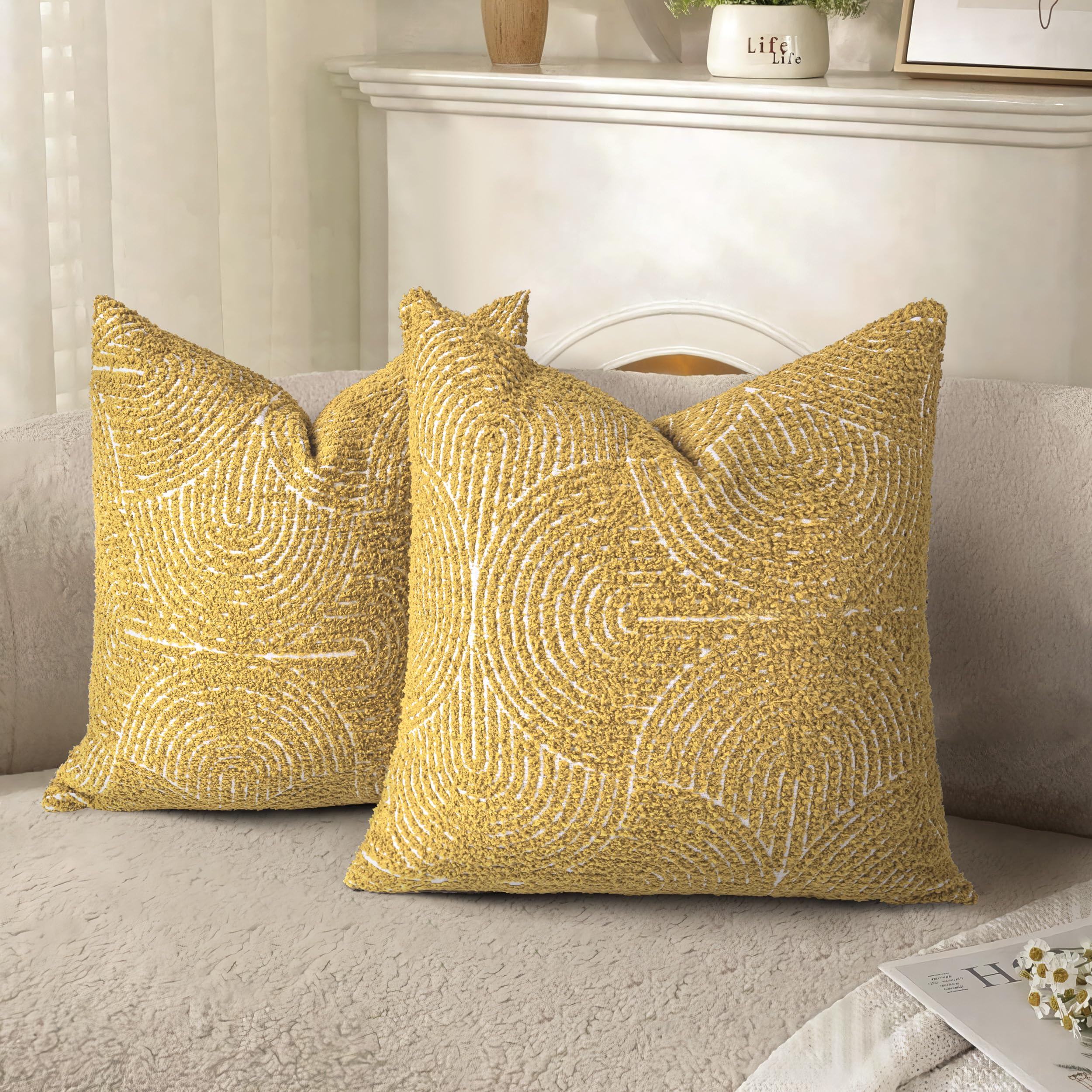 AELS Boho Decorative Textured Throw Pillow Covers 16x16, Organic Modern Mid Century Rainbow Tufted Pillow Case, Farmhouse Rustic Geometric Woven