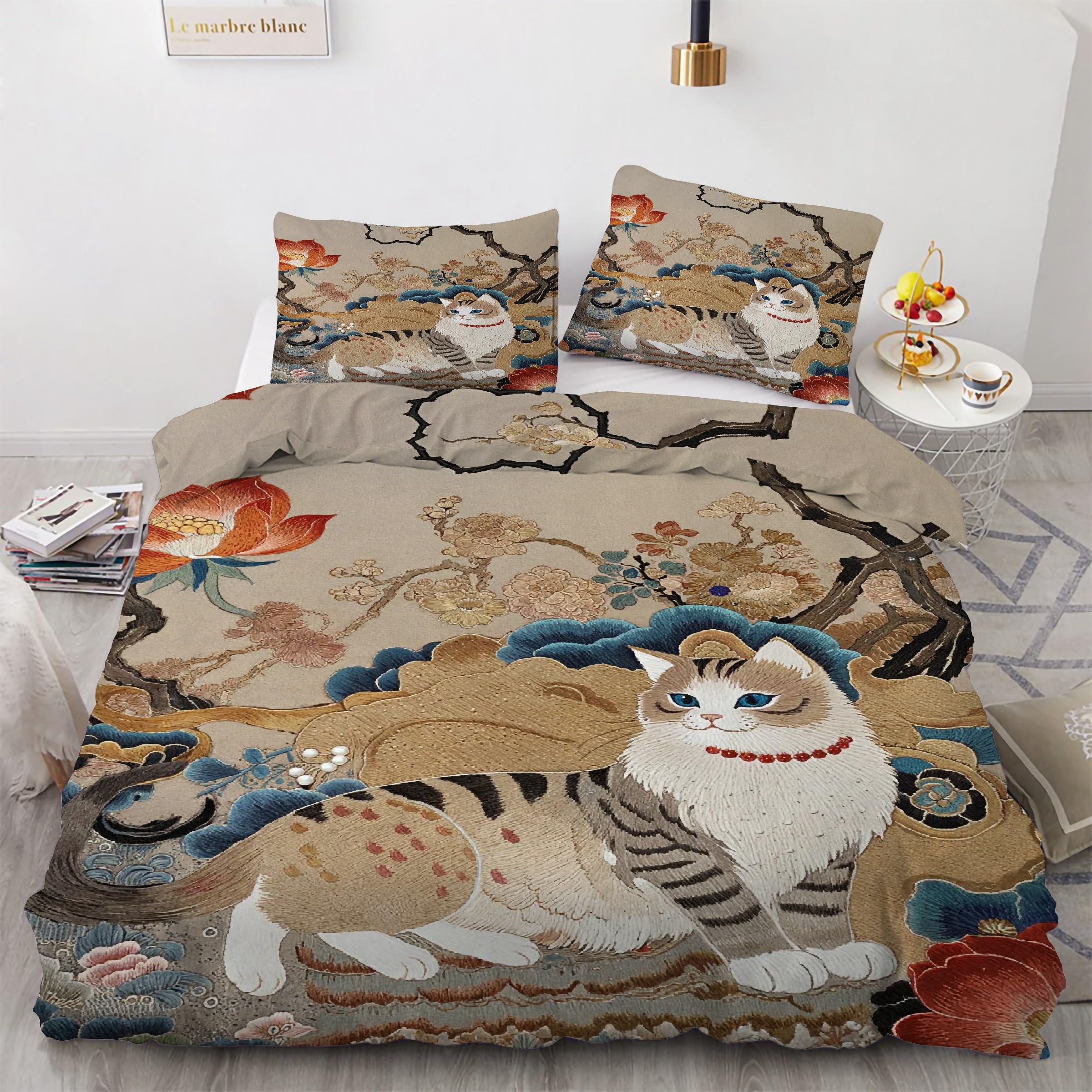 Housse de couette chat 220x240 idéale pour cocooner dans une chambre fleurie
