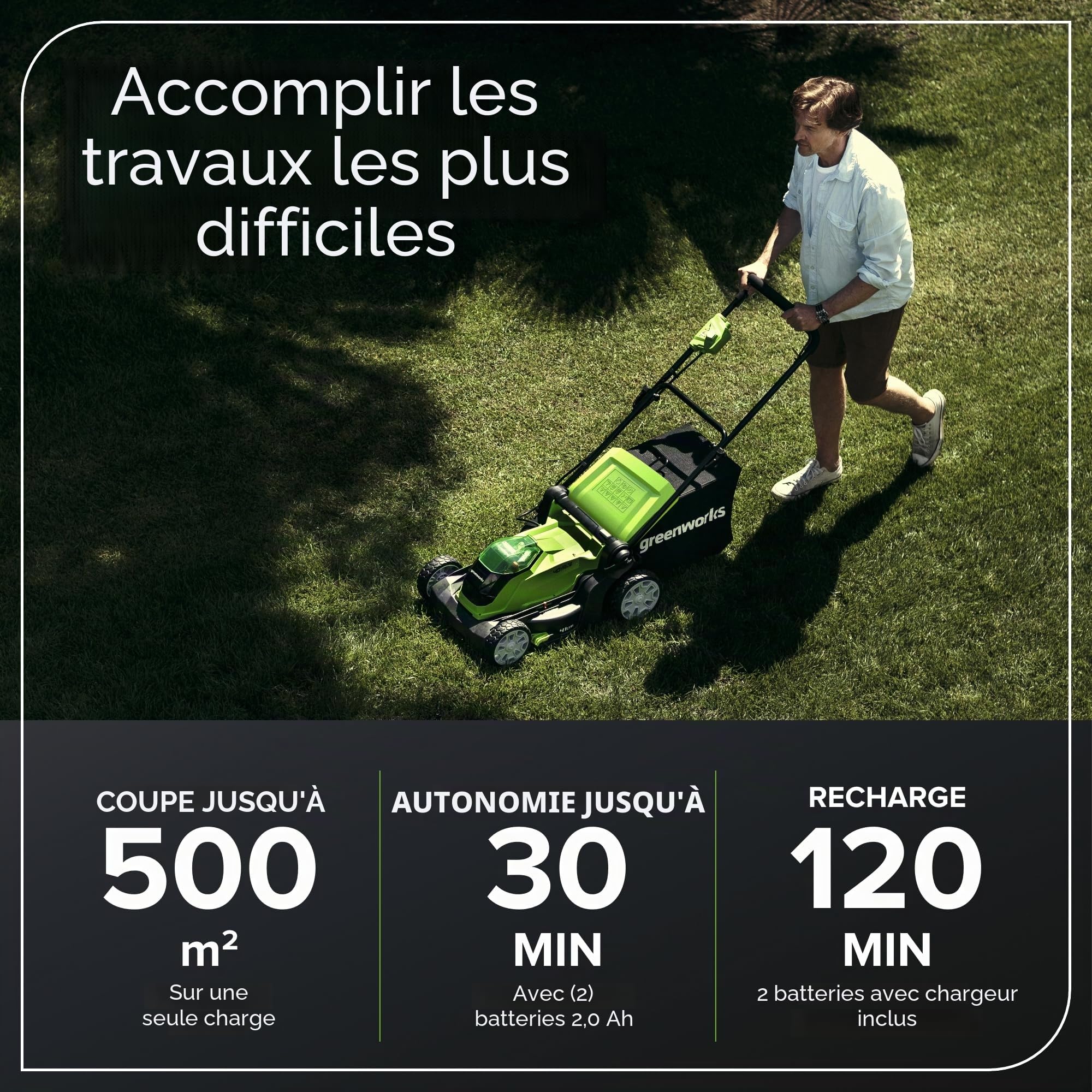 Greenworks G40LM41K2X Tondeuse à Gazon sans Fil pour Pelouses Jusqu'à 500m², Largeur de Coupe 41 cm, Sac de 50L, INCLUS Deux Batteries 40V 2Ah et Un Chargeur, Garantie 3 Ans