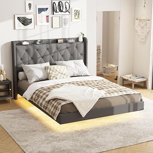 Queen Size Floating Bed Frame with LED Lights, Upholstered Linen Fabric Platform Bed with Charging Station & Button Tufted Headboard Storage, No Box Spring Needed, Grey