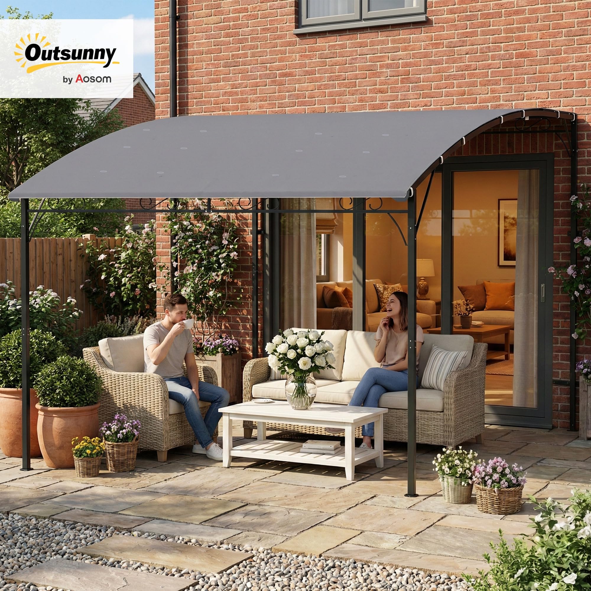 Outsunny Pérgola de Pared de Jardín 2,8x3,8 m, Cenador de Jardín con Techo Inclinado, Orificios de Drenaje y Estructura Metálica, Resistente a la Intemperie, para Patio, Terraza, Balcón, Gris