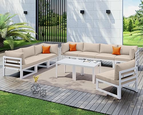 Miniatura 355 de NICESOUL 7 Piece White Powder-Coated Aluminum Patio Furniture with Fire Pit Table, 29 Inch Extra Wide Outdoor Sectional Sofa for 6, High-End Heavy