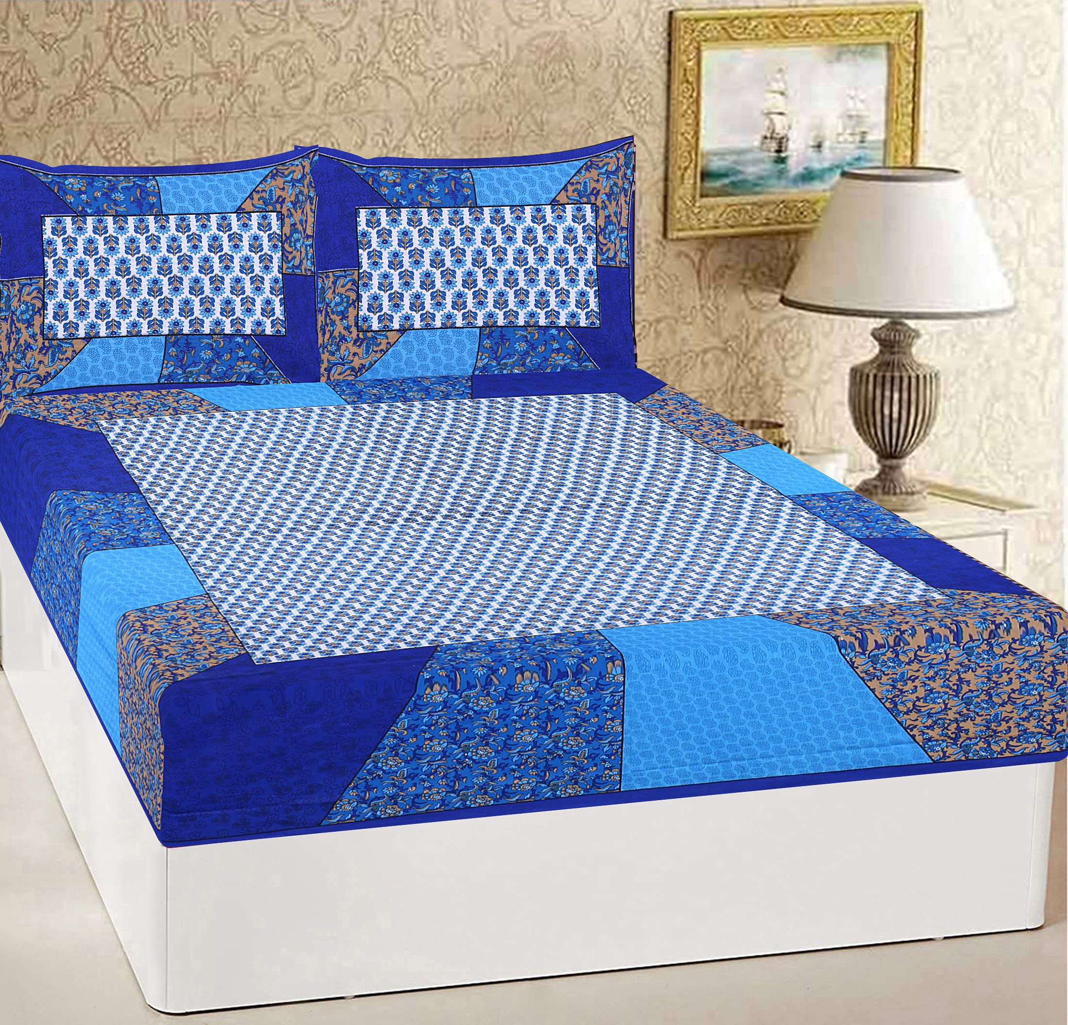 RajasthaniKart® Comfort Rajasthani Jaipuri Traditional Sanganeri Print 144 TC Cotton Double Size Bedsheet with 2 Pillow Covers - Yellow, King (Double, Blue) (B06WLQKQMD) Amazon Price History, Amazon Price Tracker