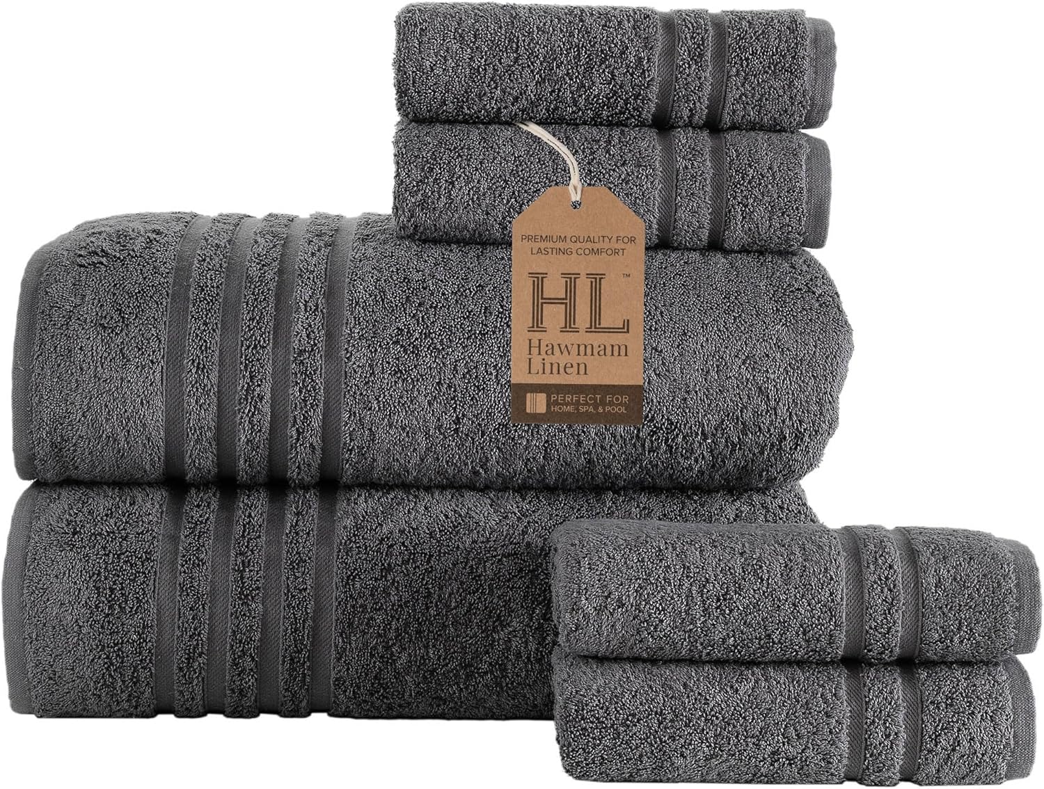Hawmam Linen Bath Sheet Towels 6 Pieces Bundle | Includes: 2 Luxury Bath Sheet Towels, 4 Hand Towels | Quality, Soft Towel Set | Grey