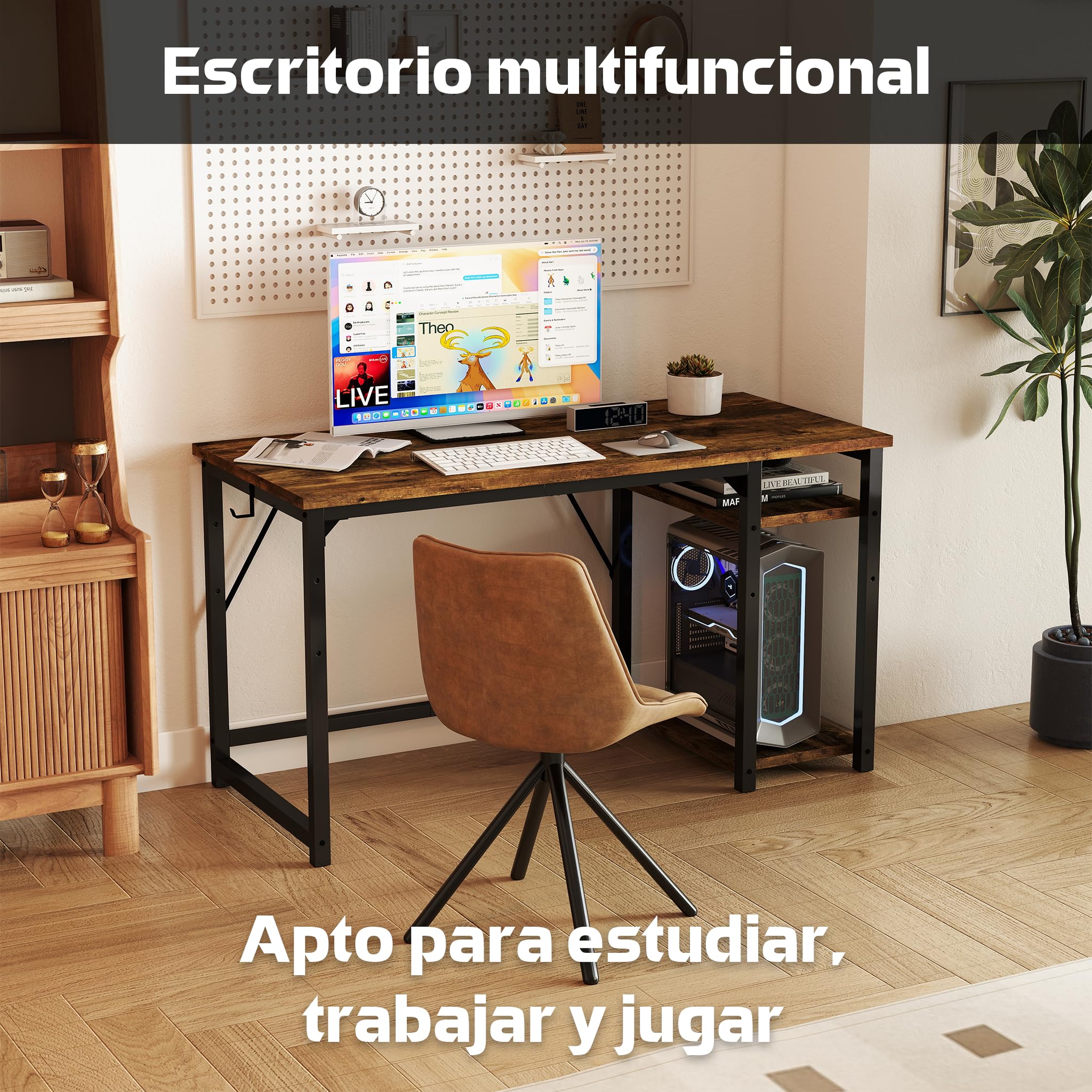 Airfish Mesa Escritorio, Escritorio Ordenador con Estanteria, Mesa de Juego, 120x50x75cm, con Estante Organizador, Gancho para Auriculares, para Oficina, Dormitorio, Sala de Estudio Marrón