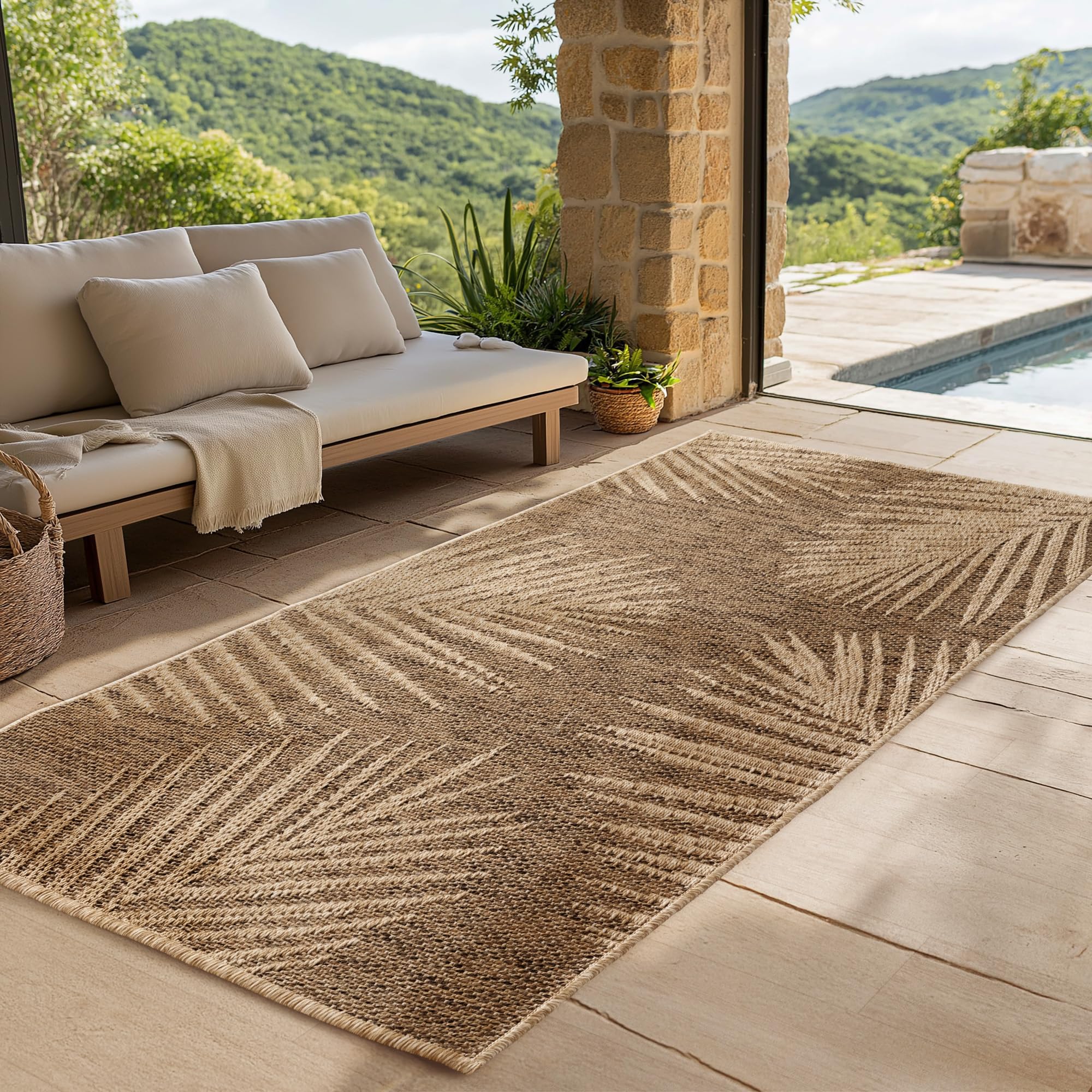 SIMPEX Outdoor Teppich Wetterfest Pflegeleicht Waschbar Jute Natur Optik Skandinavisches Boho Design für Wohnzimmer Schlafzimmer Esszimmer Küche Terrasse Balkon Garten