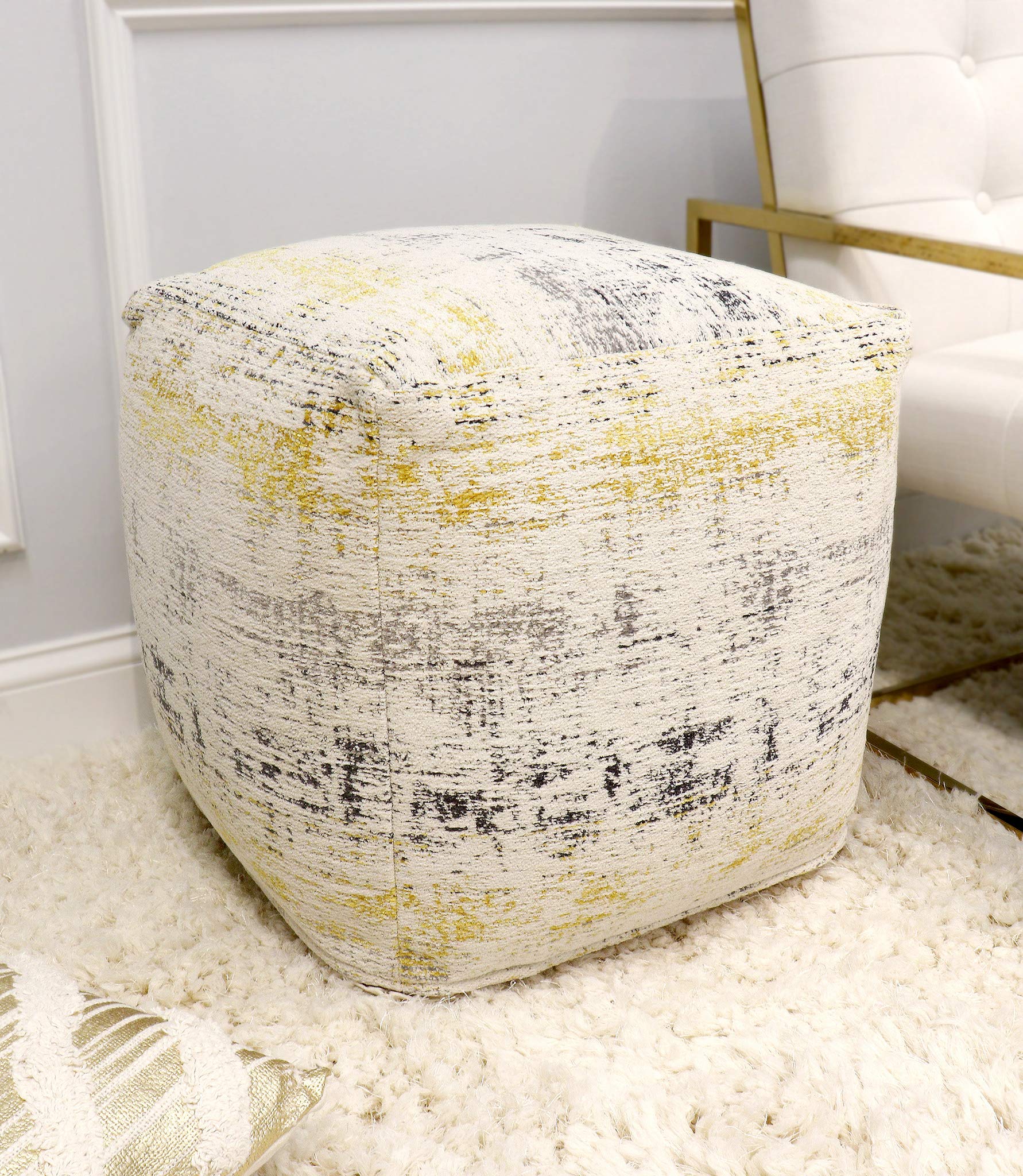 Eyes of India - 17 X 12 Small White Patchwork Round Pouf Pouffe Ottoman Cover Floor Seating Boho Chic Bohemian Accent Indian Handmade