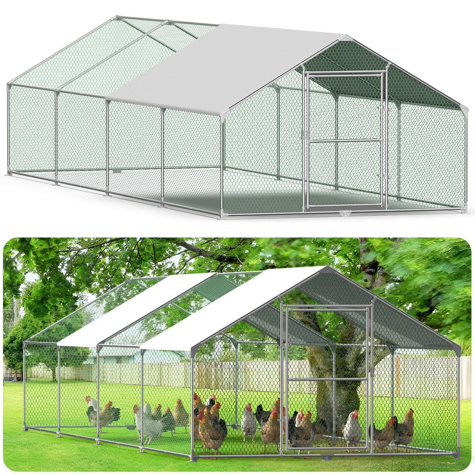 Gallinero para Exterior, Gallineros Grandes de Metal Galvanizado, Jaula para Gallinas con Candado, Gallinero Exterior con Techo de Polietileo pano ra Protección Solar, 8x3x2m