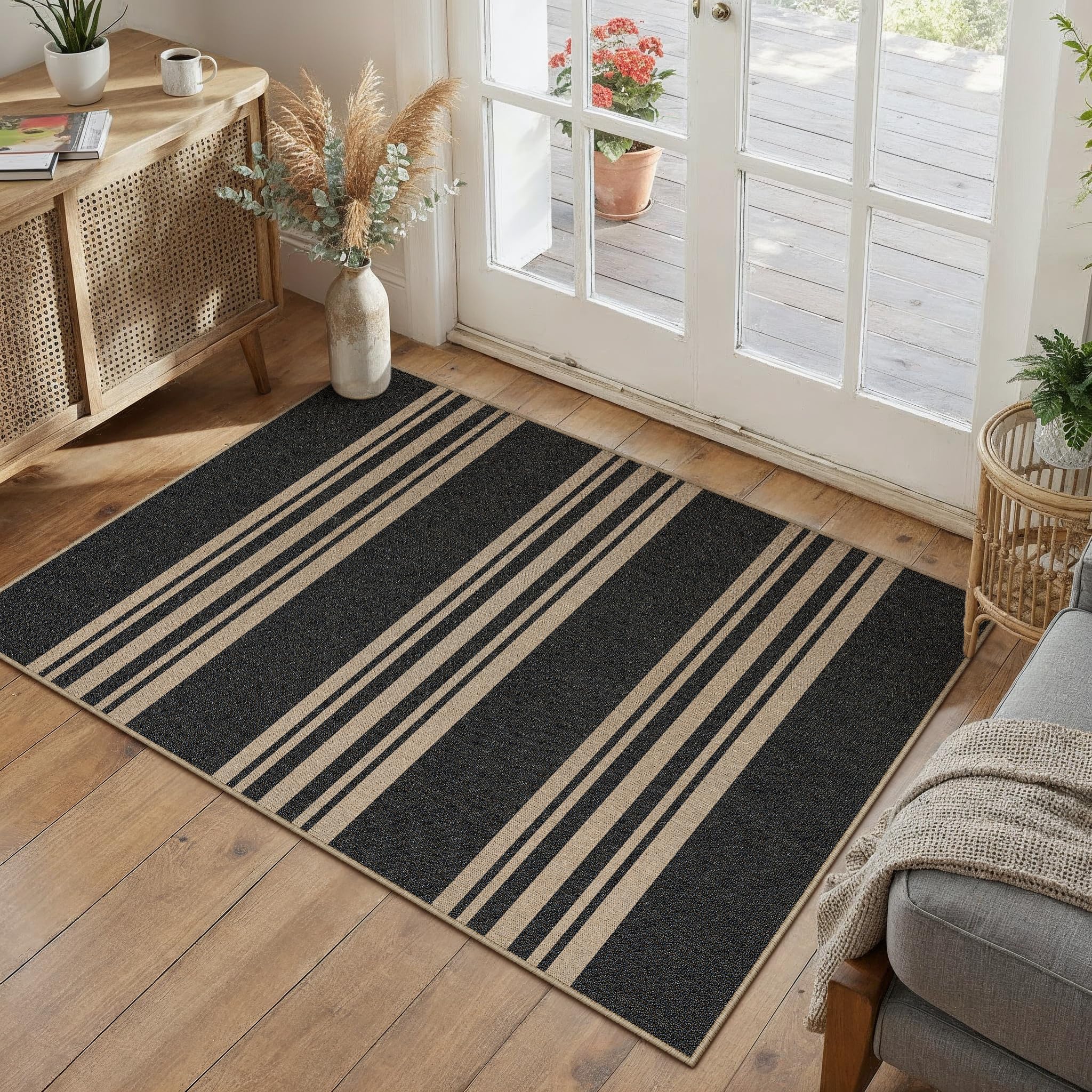 Outdoor Rug 2x3 Washable Striped Jute Look Non Slip Mat, Black Farmhouse