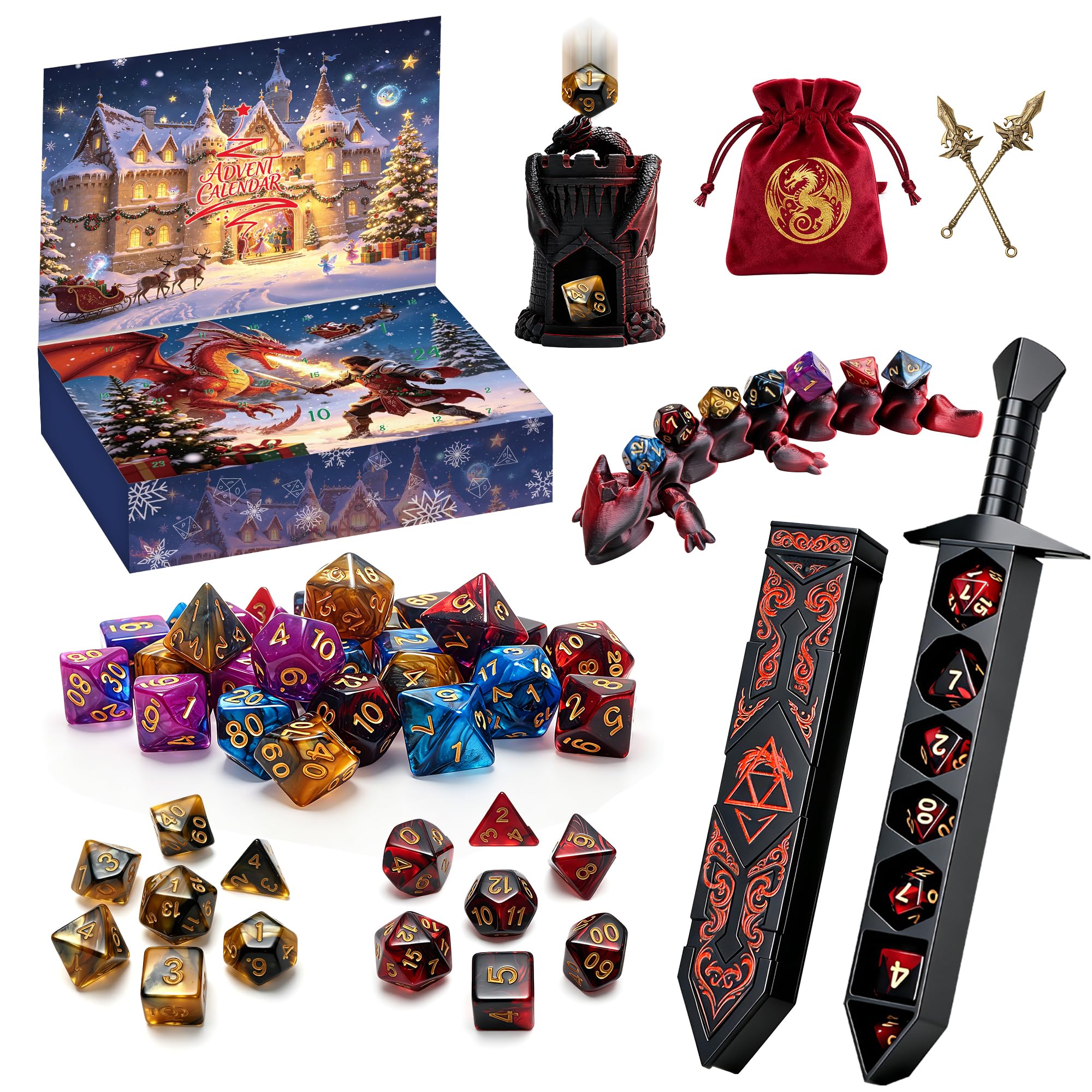 Advent Calendar 2026 DND Dice Set with 3D Printed Dargon, Dice Tower, Sword