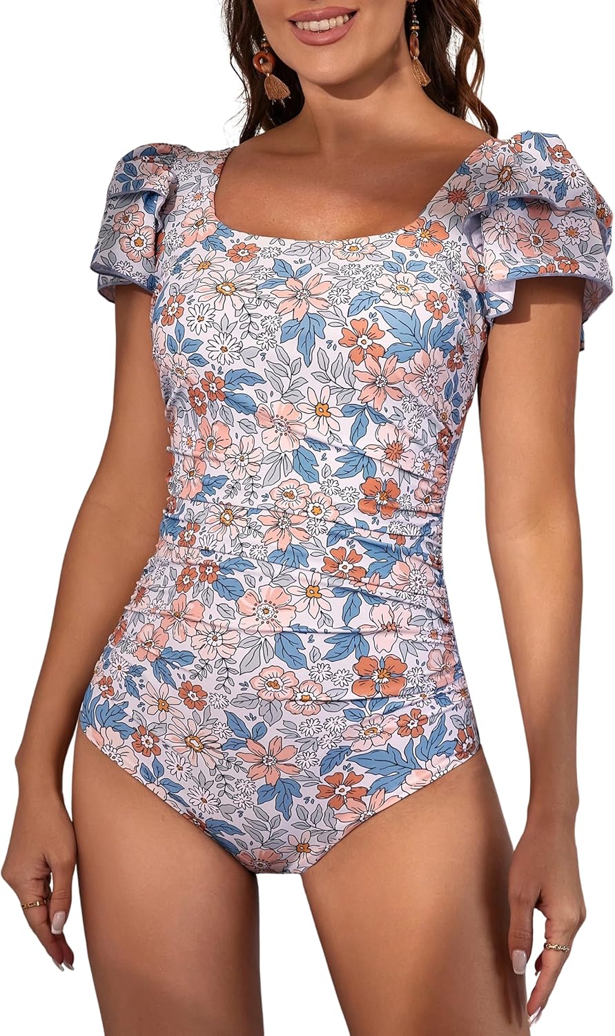 Eomenie Women’s Tummy Control One Piece Swimsuit Ruffle Square Neck Bathing Suit Ruched Cutout Back Slimming Swimwear