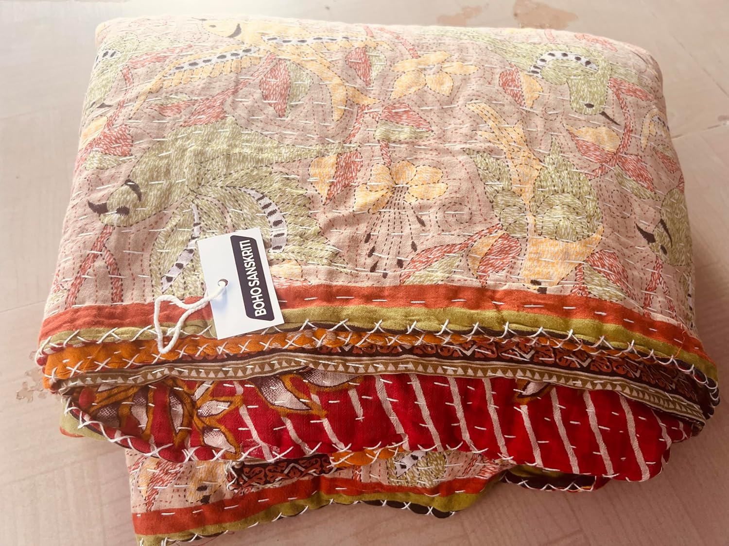 Boho Sanskriti Pack of 10 Indian Quilt Vintage Bedspreads,Throws,Ralli, Whole Lot Kantha Quilt Reversible Throw Bedding Bedcover Kantha Bedspread Throw Cotton Blanket Gudari, Multicolor, Twin