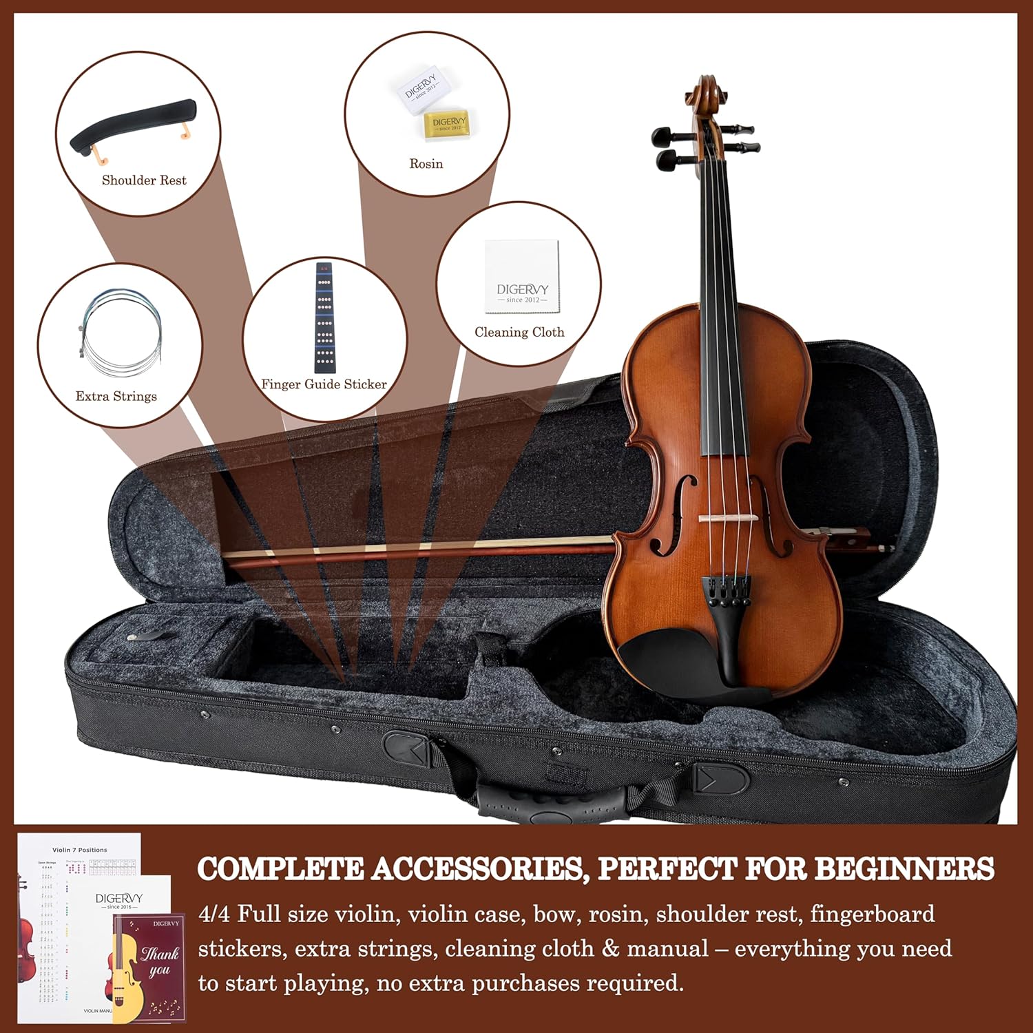 Solid Wood 4/4 Violin for Beginners – Spruce Top & Maple Back Acoustic Violin, Starter Kit with Rosewood Bow,Rosin,Shoulder Rest, Extra Strings and Bridge (Classic, Full)