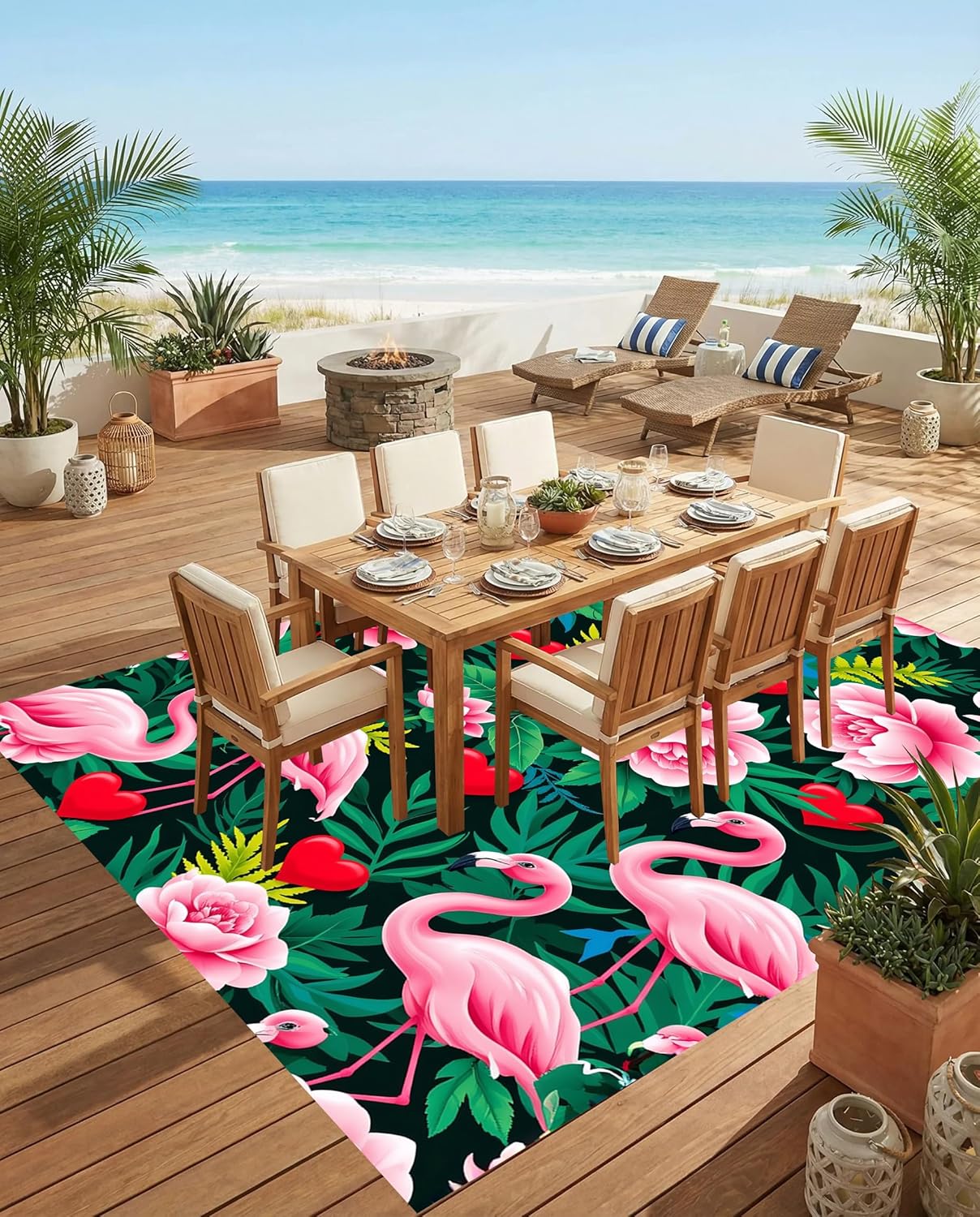 Tropical Flamingo Outdoor Rug 5x7 Emerald Green Pink Peony Flower Pattern Vibrant Floral Print Outside Rugs for Patio Balcony Deck Garden Modern Washable Waterproof RV Camping Backyard Mat