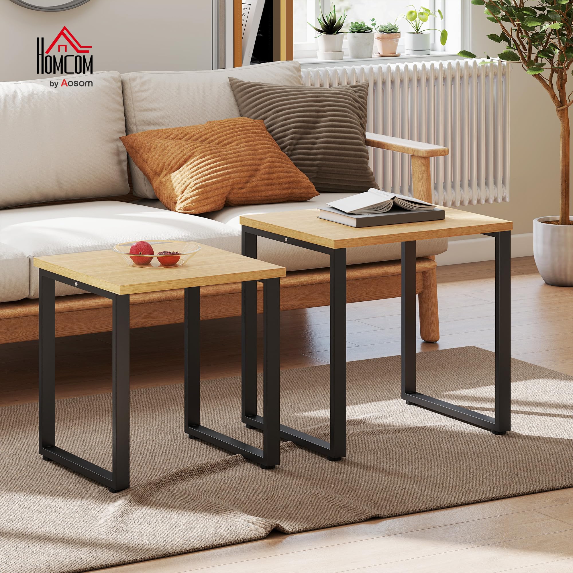 HOMCOM Couchtisch Satztisch mit Metallrahmen für Wohnzimmer Natur